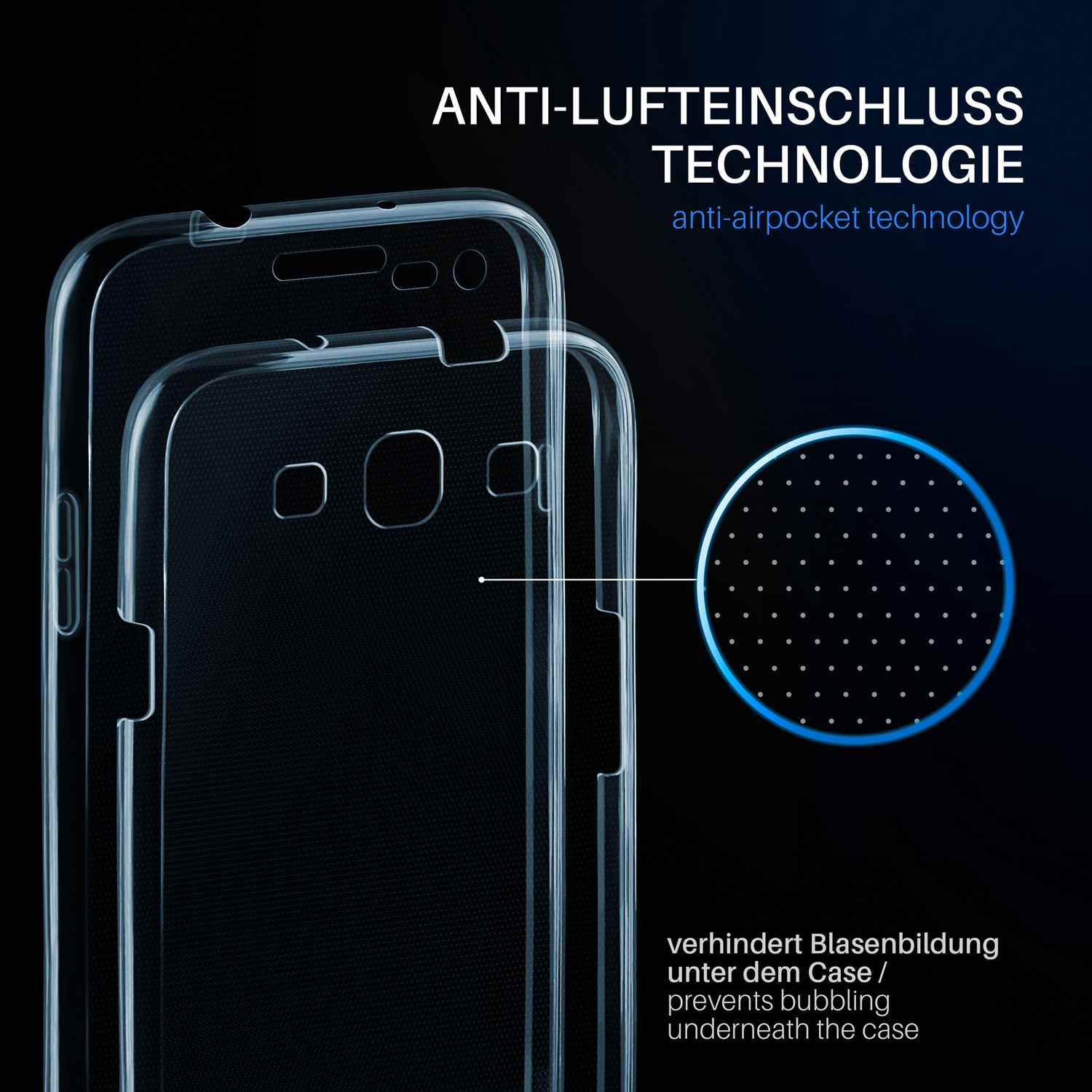 Transparente Handyhüllen mit Text: Anti-Airpocket-Technologie verhindert Blasenbildung unter der Hülle.