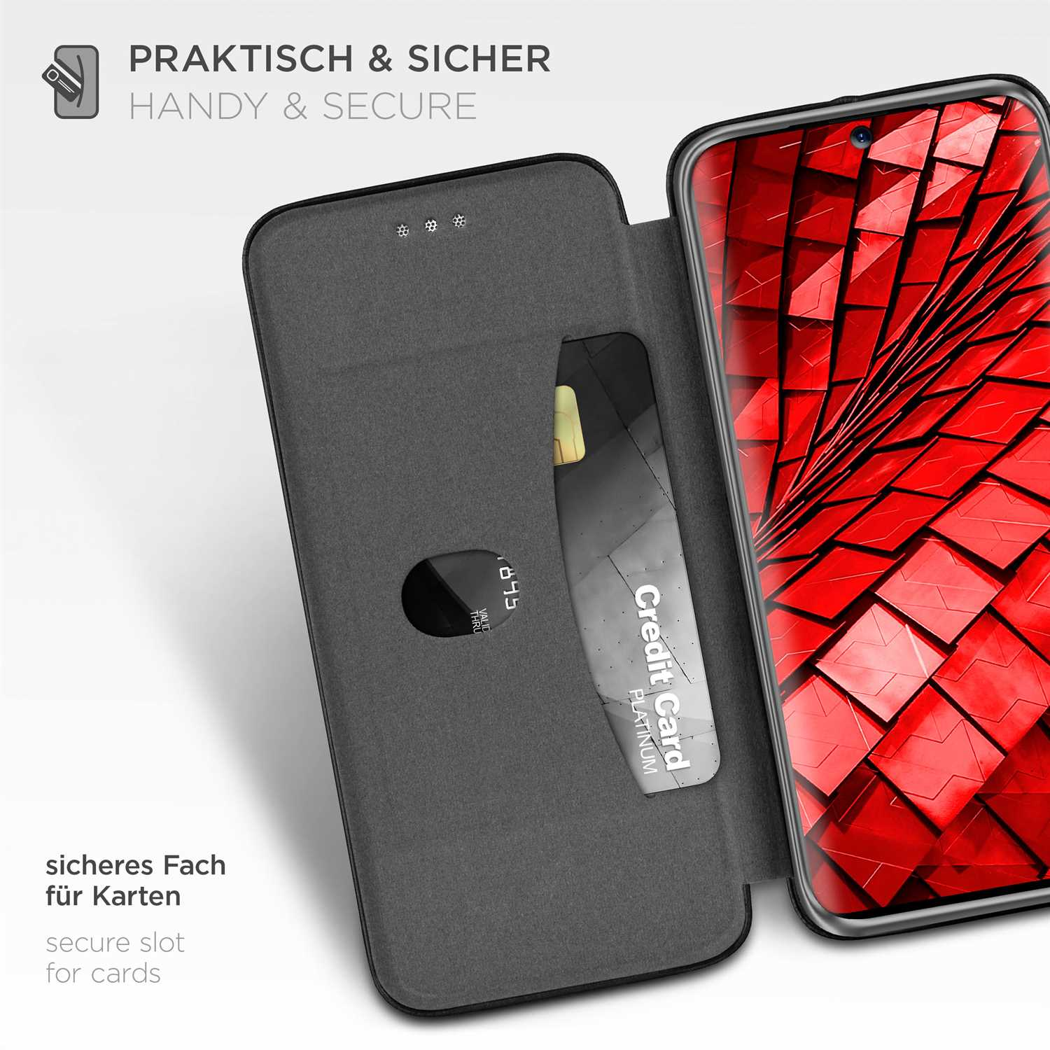 Geöffnete Handyhülle mit Kreditkartenfach. Text: Praktisch & Sicher, sicheres Fach für Karten.