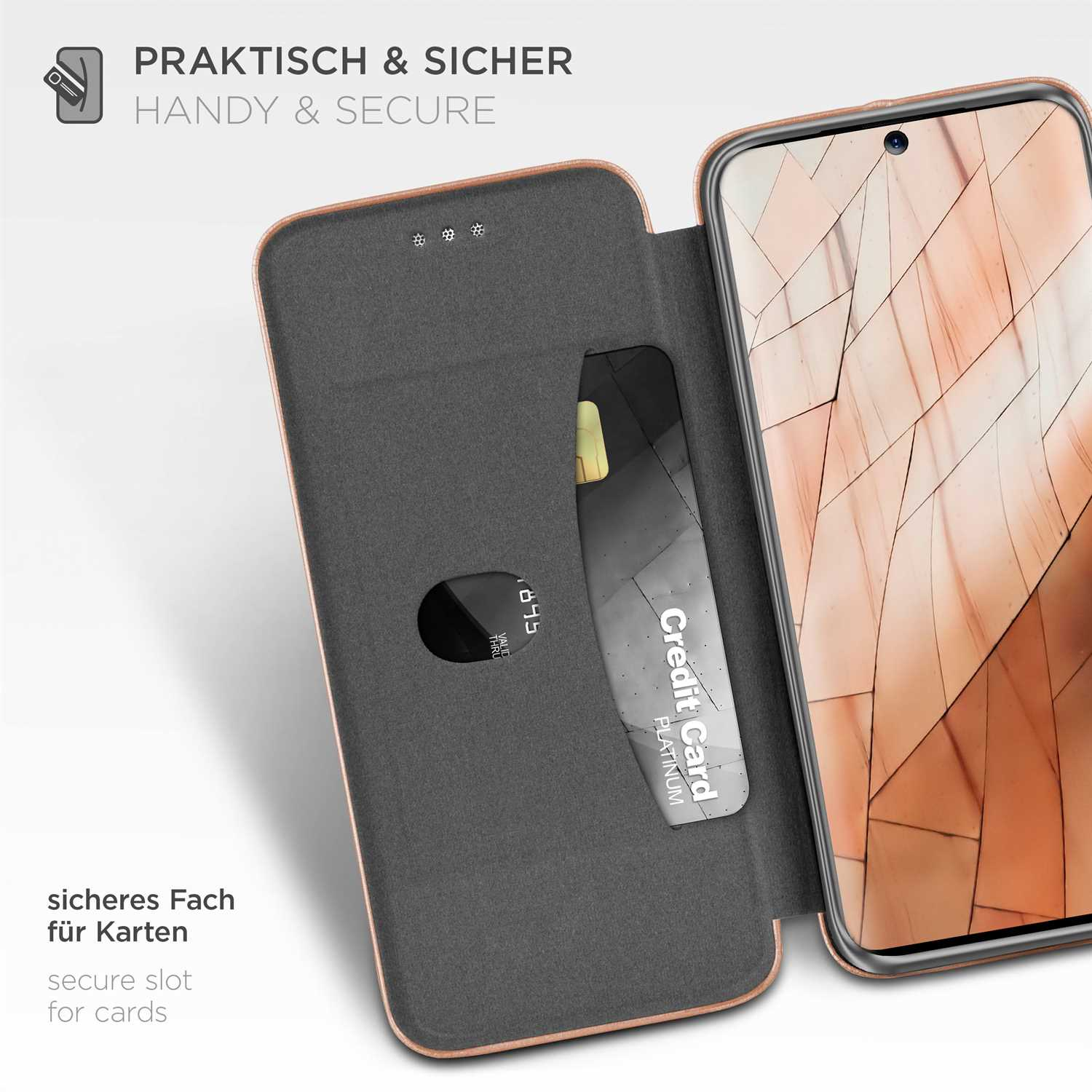 Geöffnete Handyhülle mit Kreditkarte, praktisch und sicher.