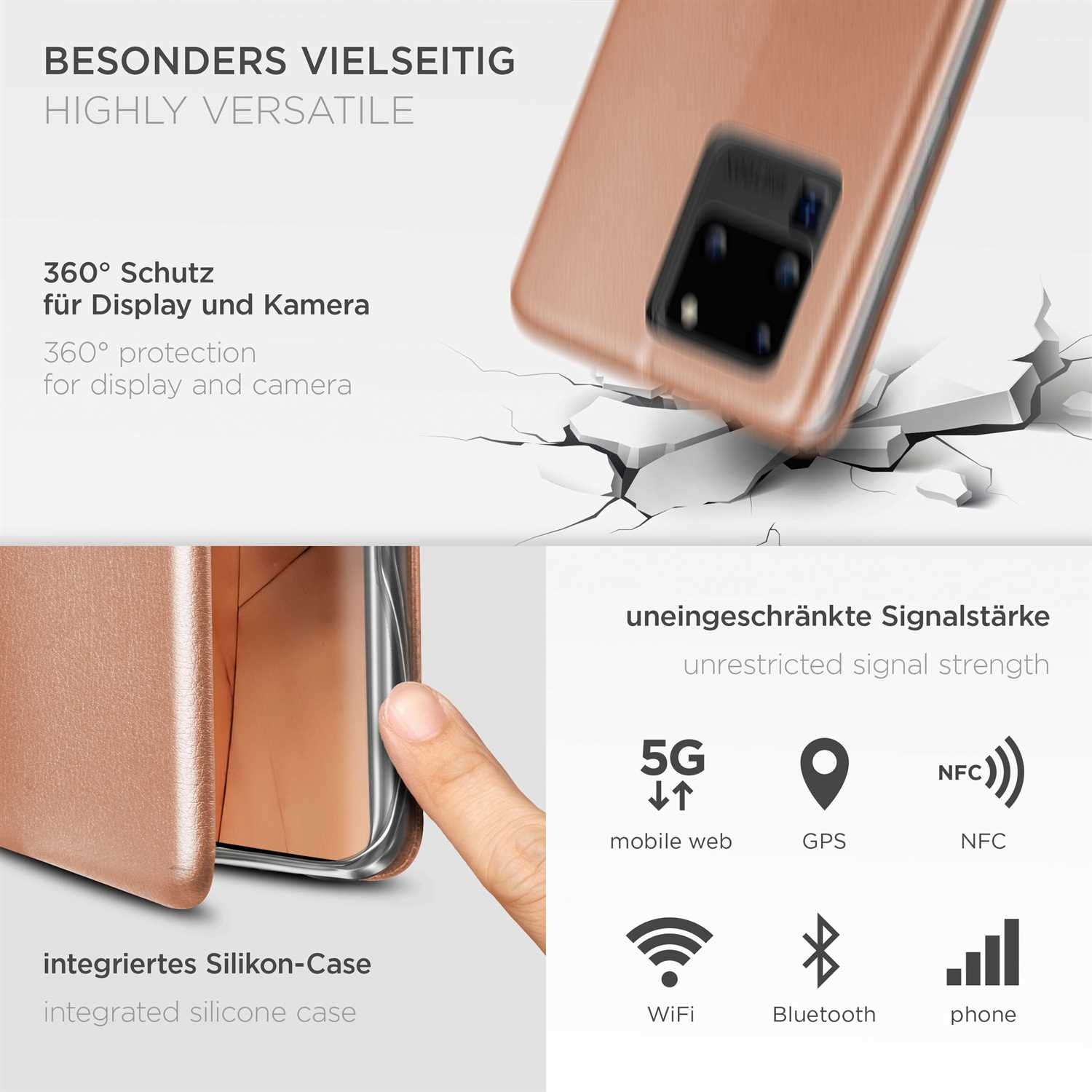 Handyhülle mit Text über Display- und Kameraschutz, sowie Signalstärke-Symbolen.
