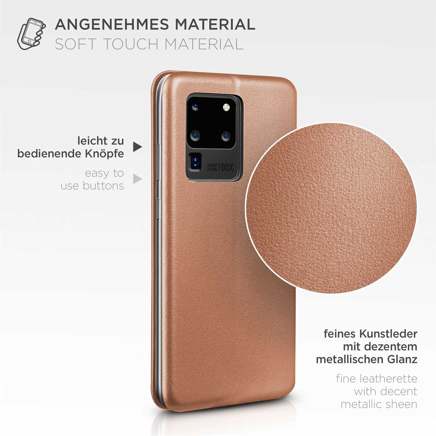 Geöffnete braune Leder-Handyhülle. Der Text lautet „Soft-Touch-Material“ und „leicht zu bedienende Tasten“.