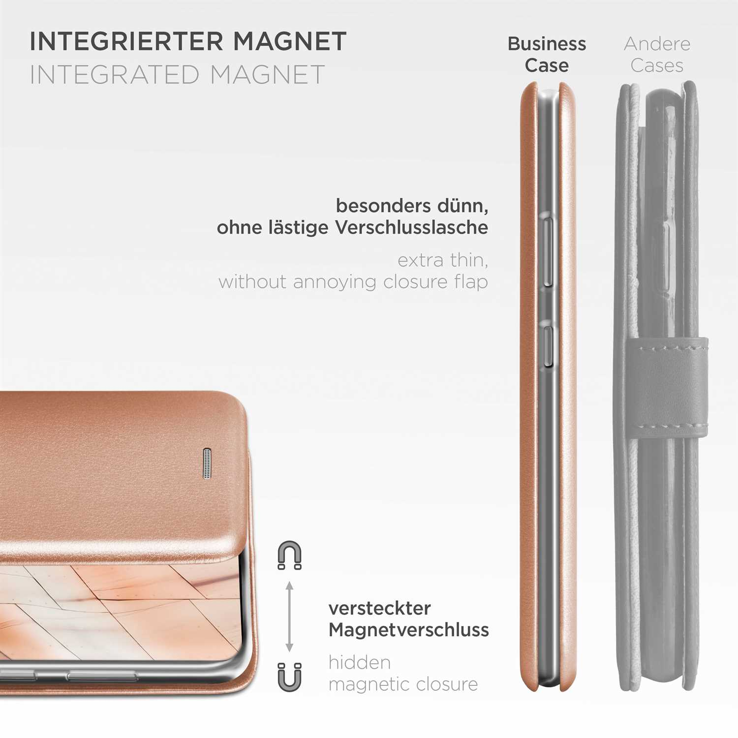 Handyhülle mit Telefon darin, auf hellbraunem Hintergrund, mit Text und Magnet-Symbol.