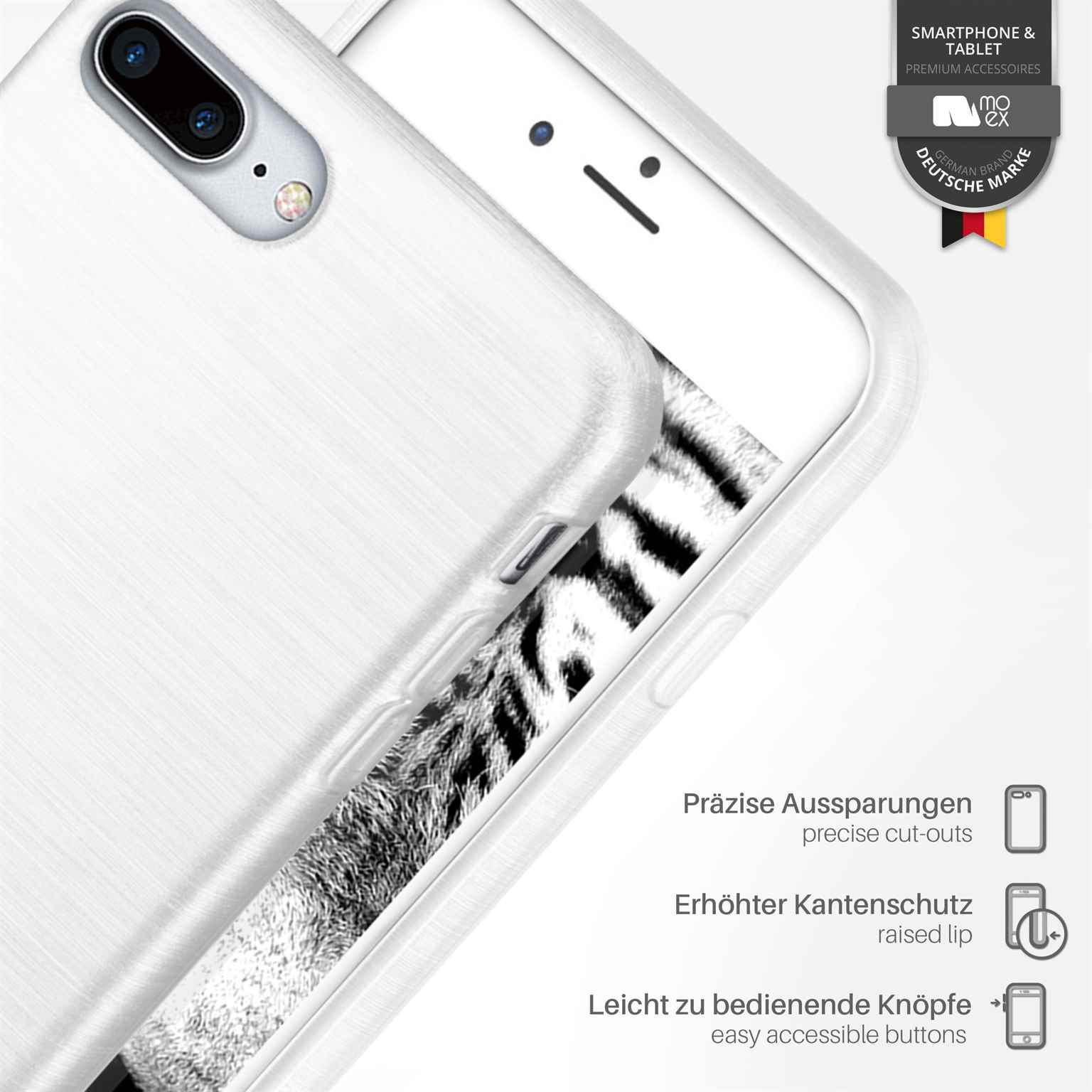 Weißes Handycase mit gebürstetem Metalleffekt. Text enthält deutsche und englische Beschreibungen.