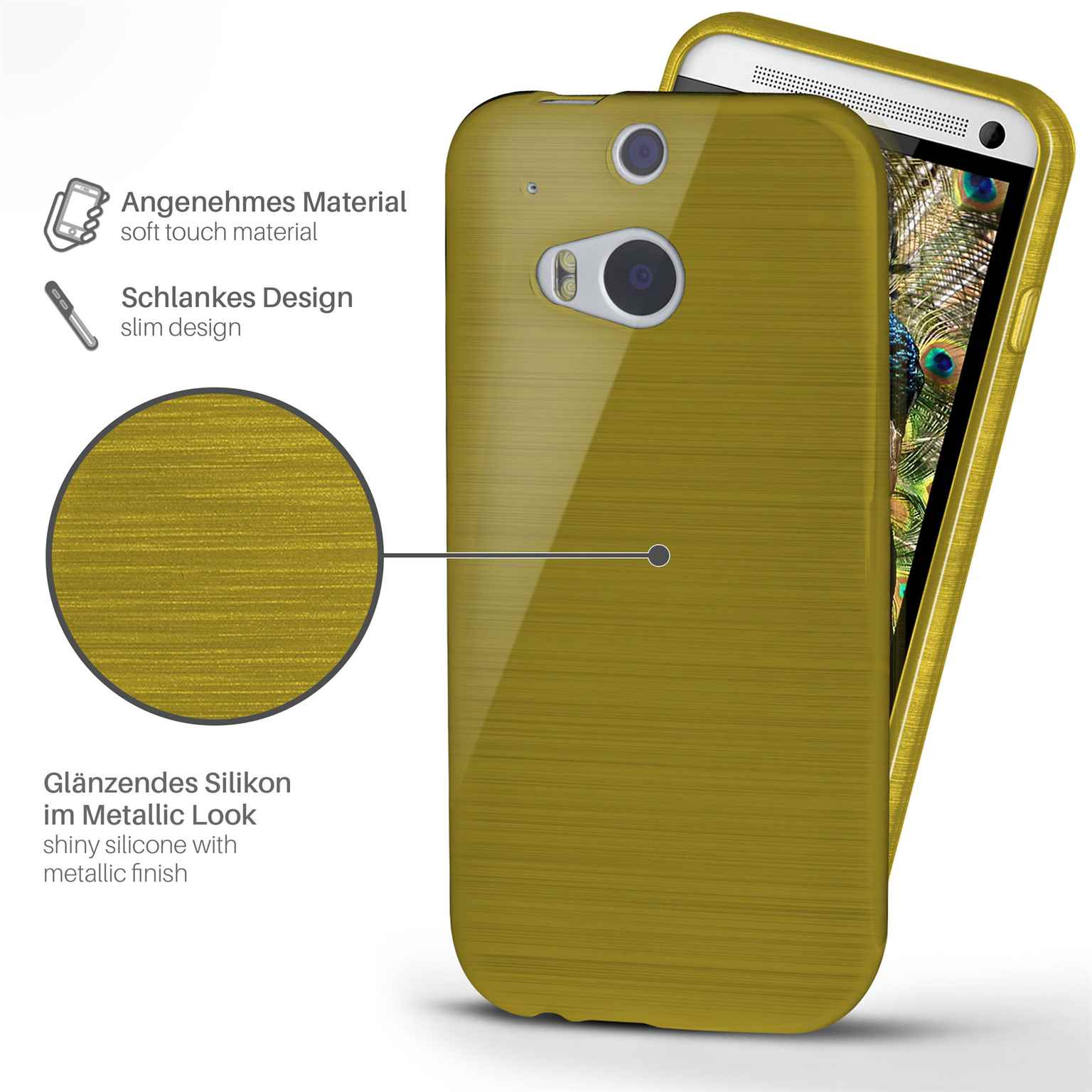 Goldene Handyhülle mit Metallic-Finish. Text beschreibt weiches Material und schlankes Design.