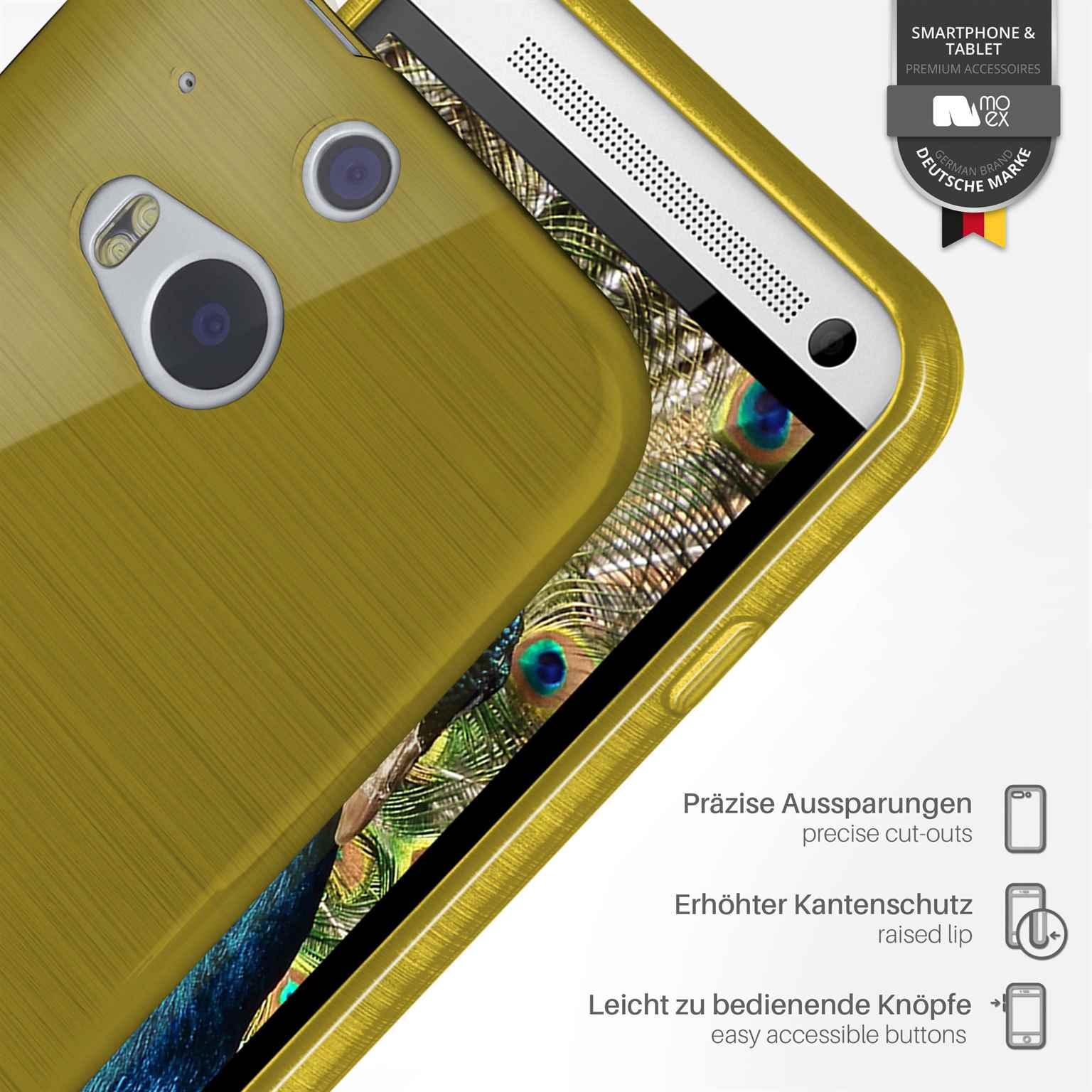 Nahaufnahme einer goldenen Handyhülle mit Pfauenfedern-Design. Präzise Ausschnitte und einfache Knöpfe.