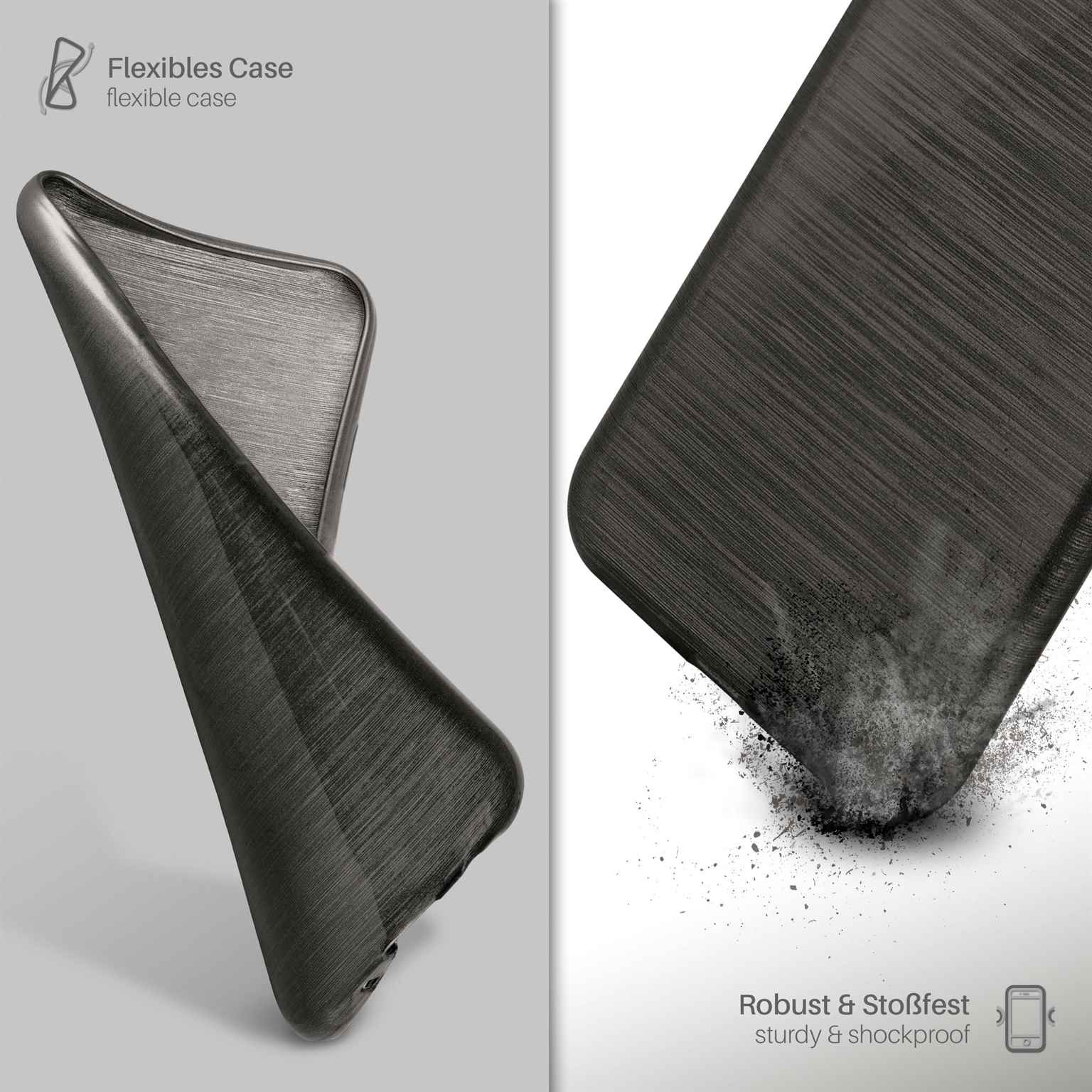 Eine schwarze Handyhülle mit strukturierter Oberfläche. Der Text lautet 'Flexible Case' und 'Sturdy & Shockproof'.