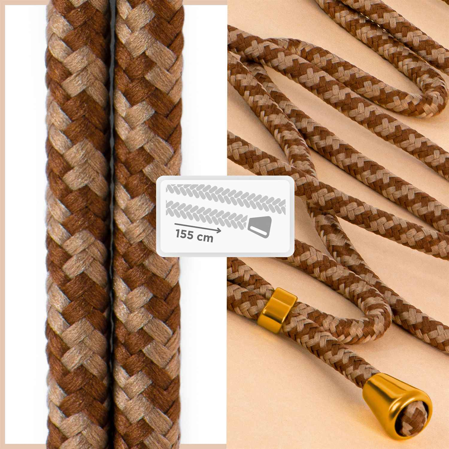 Braunes Telefonkabel mit goldenem Ring und Kappen, Text '155 cm'.