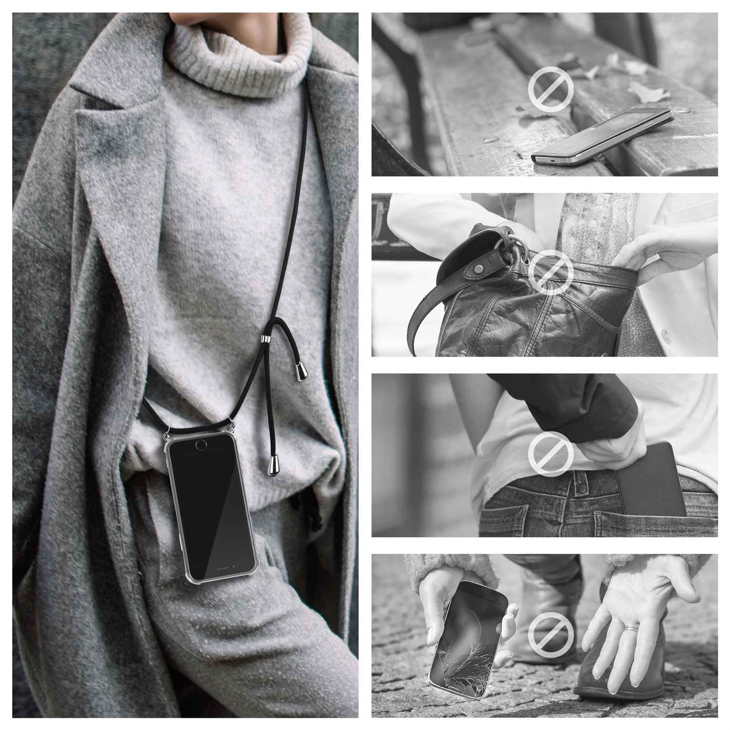 Handyband verhindert Handyverlust. Fotos von verbotenen Orten, um das Telefon zu behalten. Schwarz und Weiß.