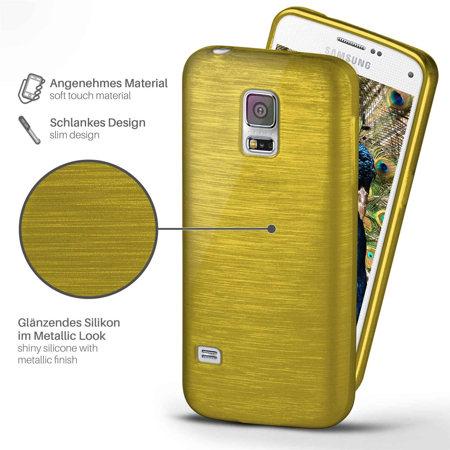 Eine goldene Handyhülle auf einem weißen Samsung-Handy. Mit Metallic-Optik und schlankem Design.