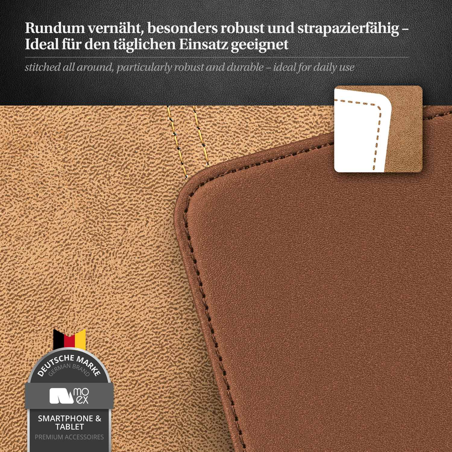 Braune und beige Lederstruktur mit Nähten und Logo.