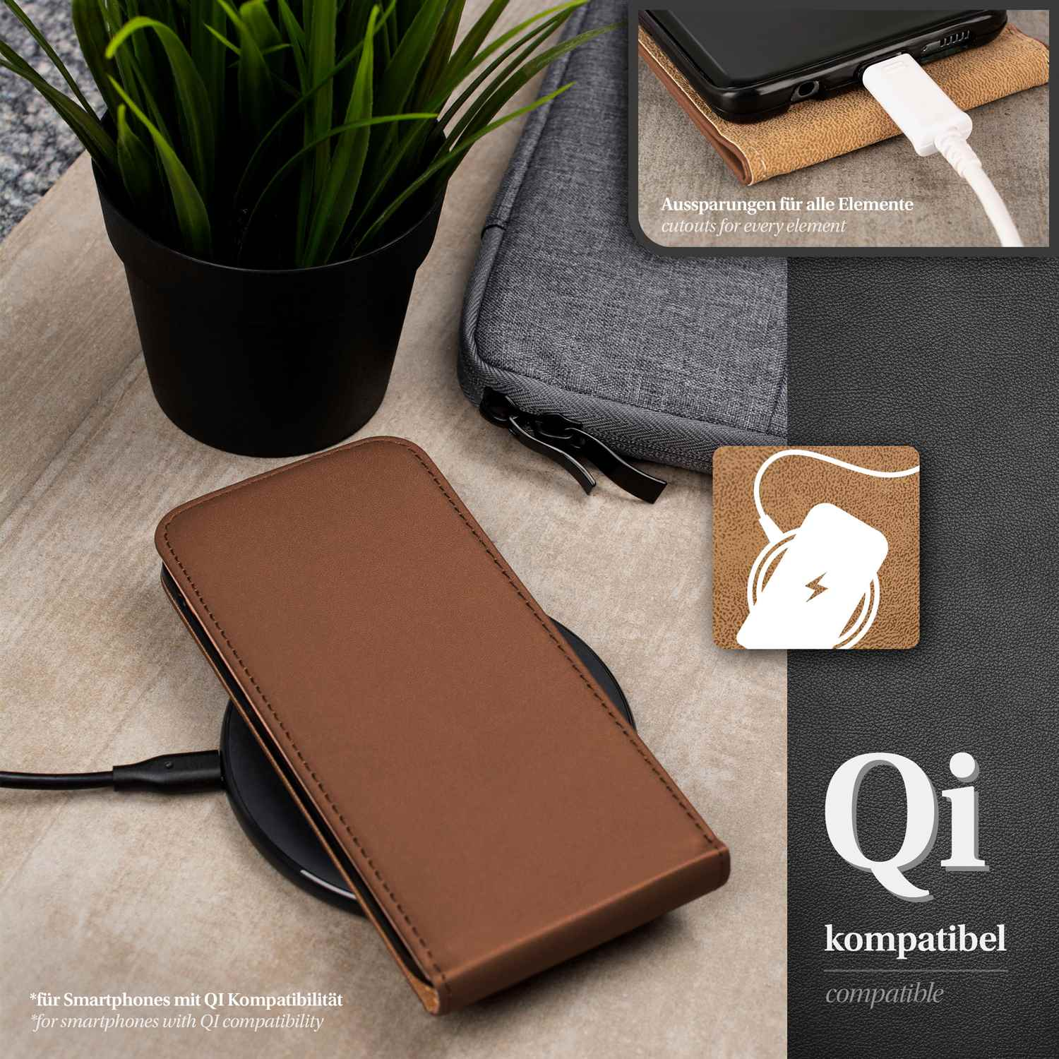 Handyhülle auf kabellosem Ladegerät, mit Kabel. Text: Qi-kompatibel und Aussparungen für jedes Element.