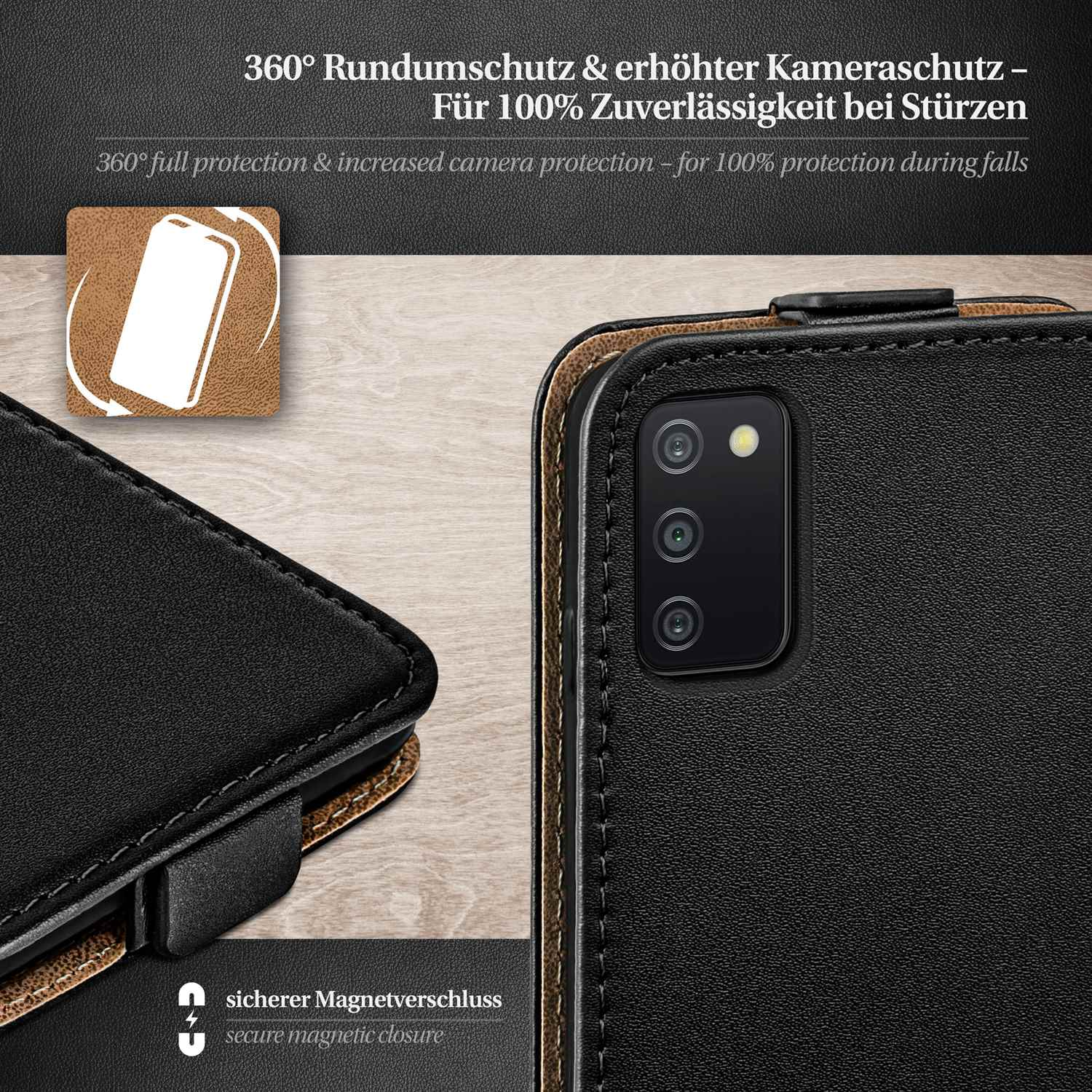 Eine schwarze Handyhülle mit sicherem Magnetverschluss. Text auf Deutsch.