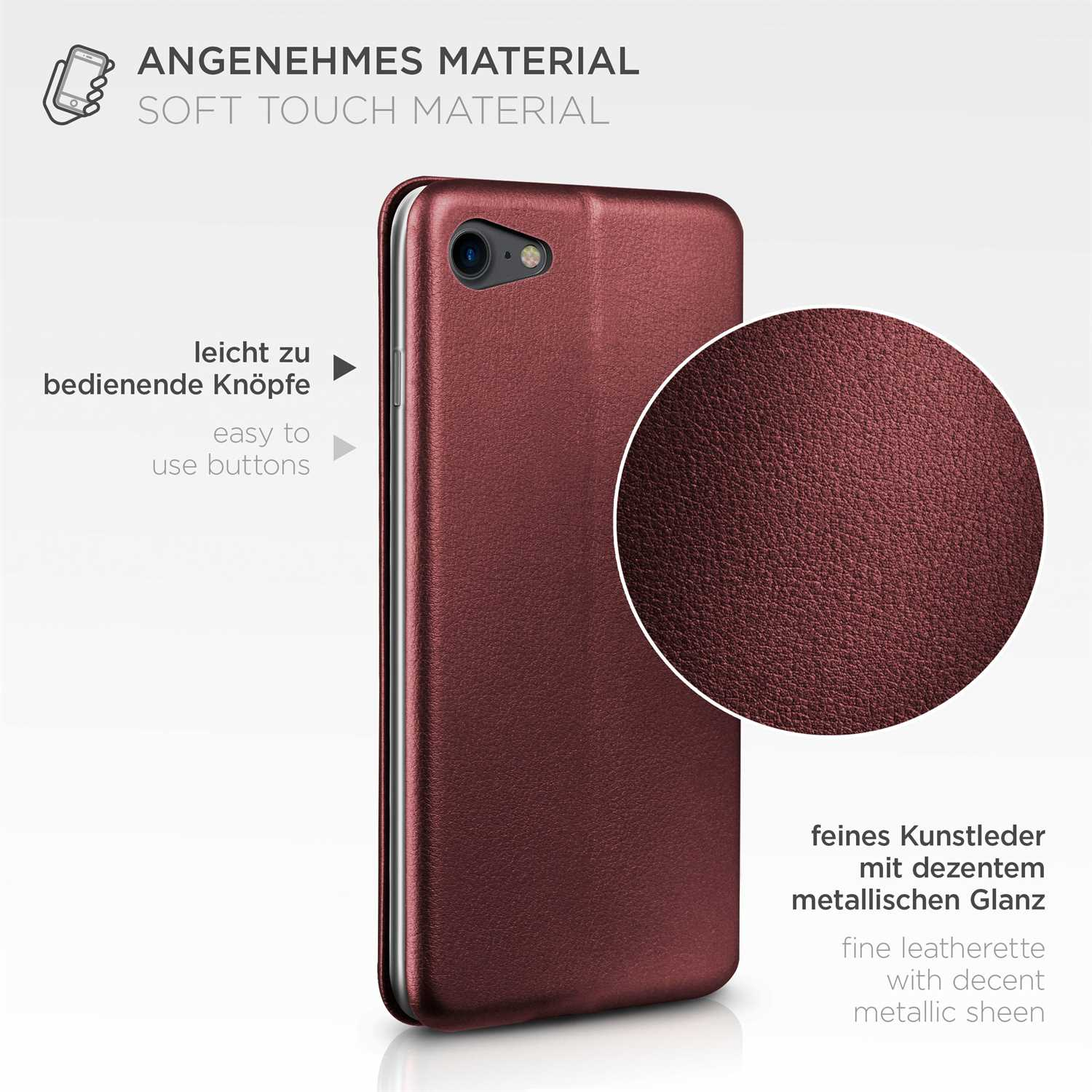 Eine weinrote Handyhülle mit einer Nahaufnahme des weichen Kunstledermaterials.