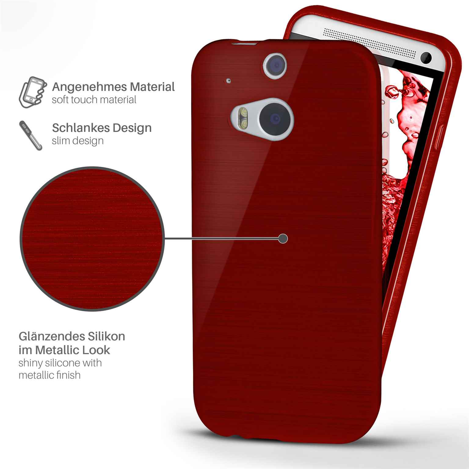 Rote Handyhülle mit Holzmaserung und Text, der glänzendes Silikon mit Metallic-Finish beschreibt.