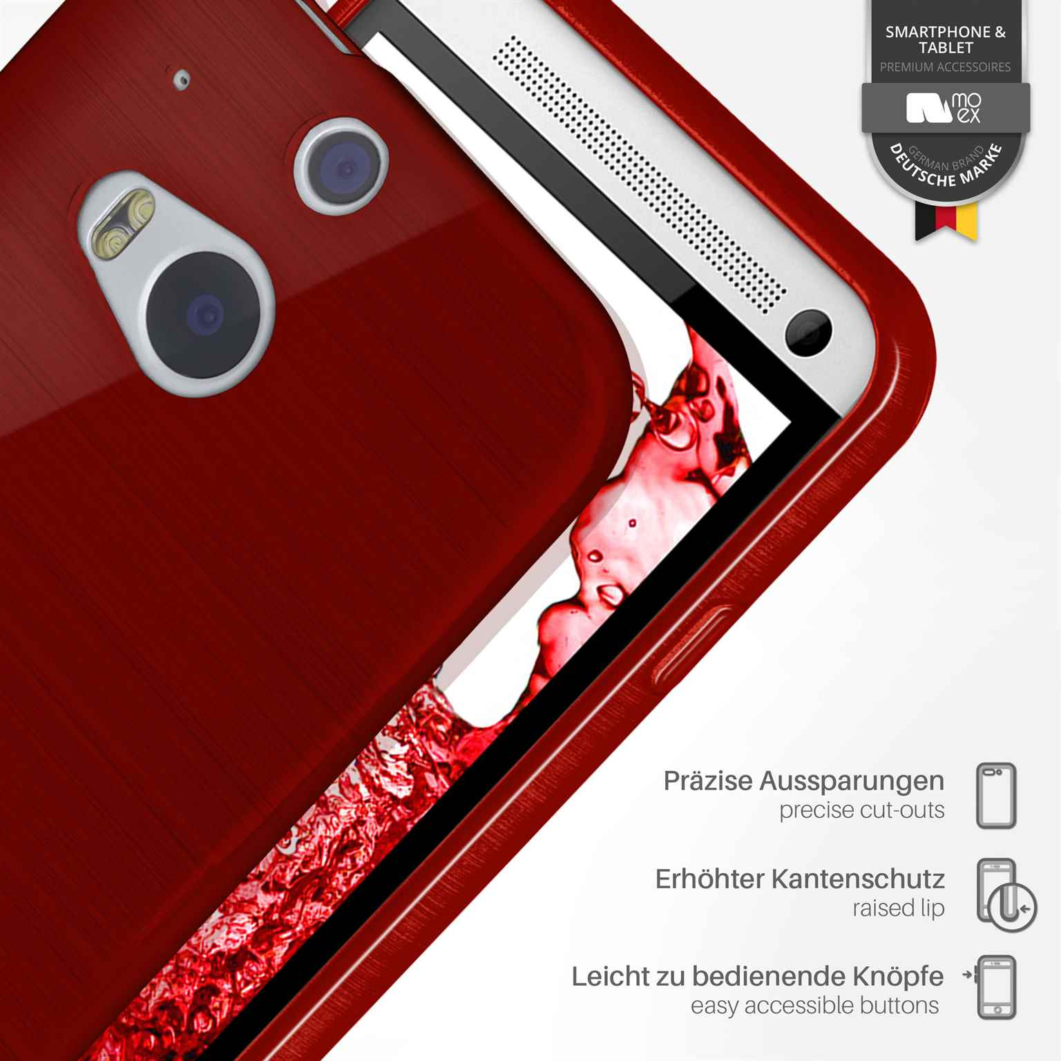 Handyhülle mit Text und Symbolen. Rotes Holzmaserungsdesign, weißer Hintergrund.