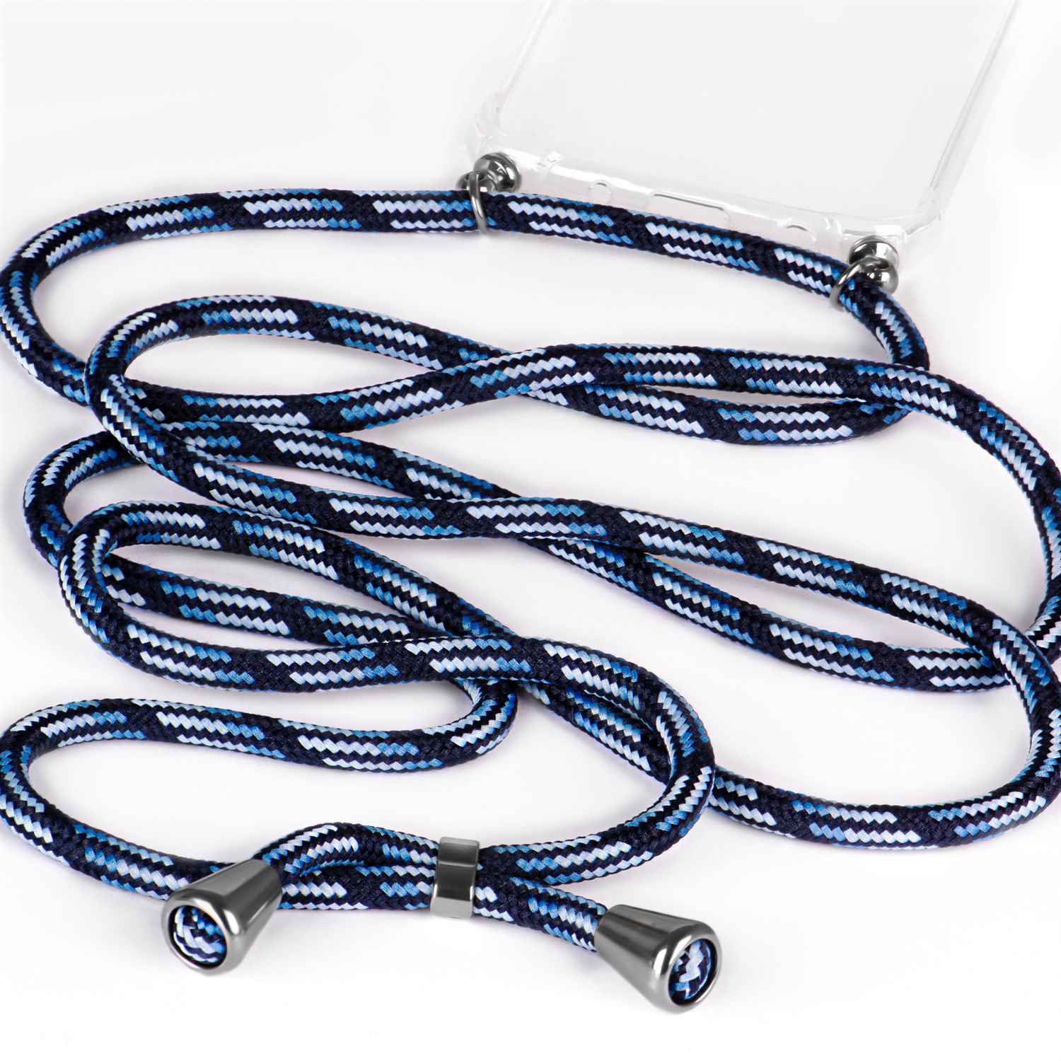 Nahaufnahme eines blau, weiß und marineblau geflochtenen Telefonriemens mit silbernen Akzenten und Hülle.