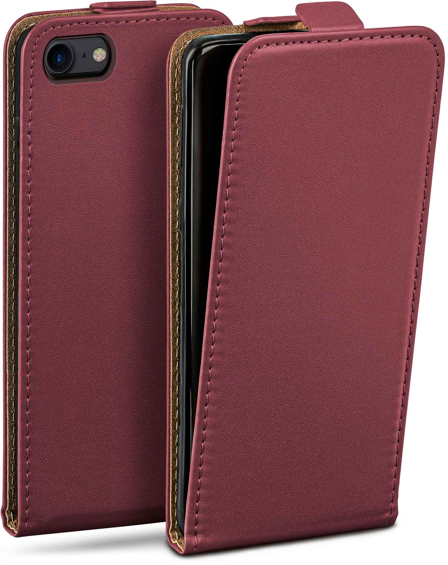 Burgunderrote Leder-Handyhülle, offen, mit einem Telefon darin. Braune Einfassung und Nähte sichtbar.