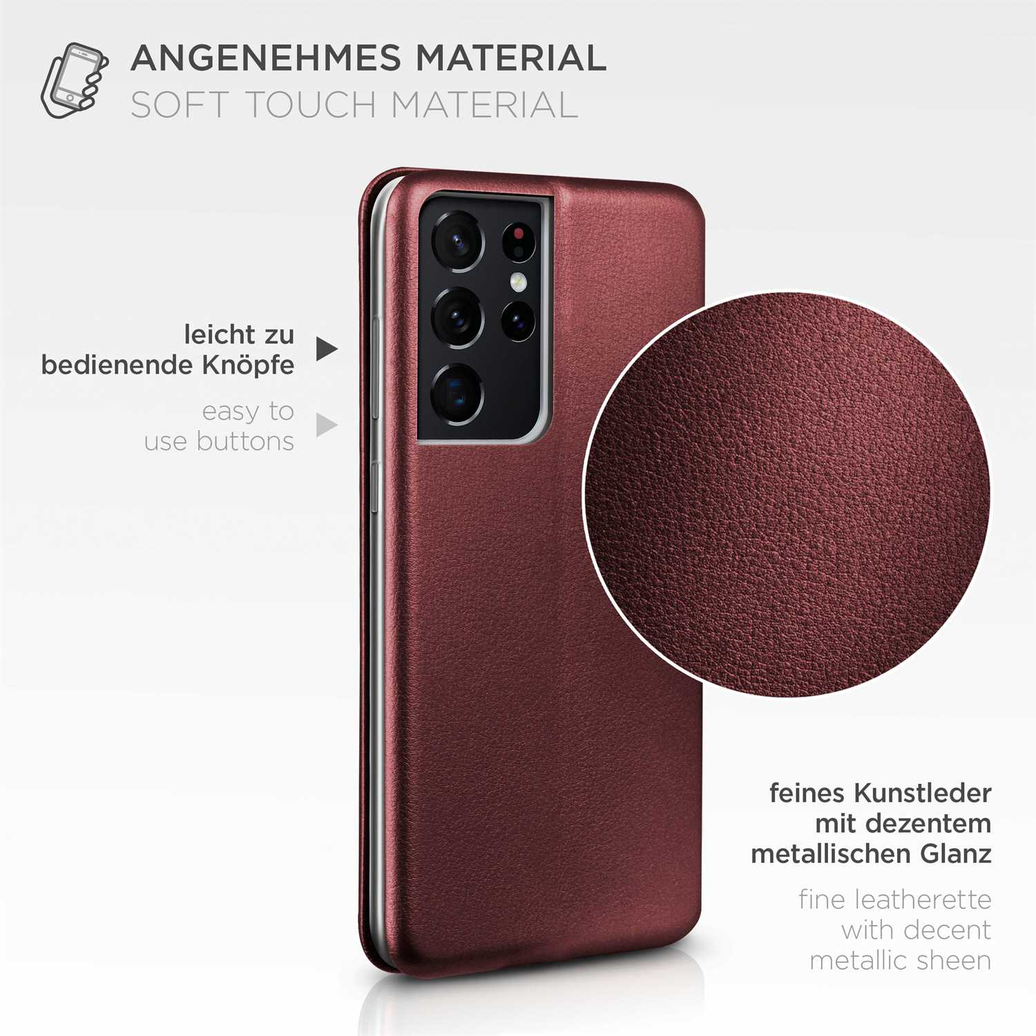 Burgunderfarbene Handyhülle mit Soft-Touch-Material. Text: feines Kunstleder mit metallischem Glanz.