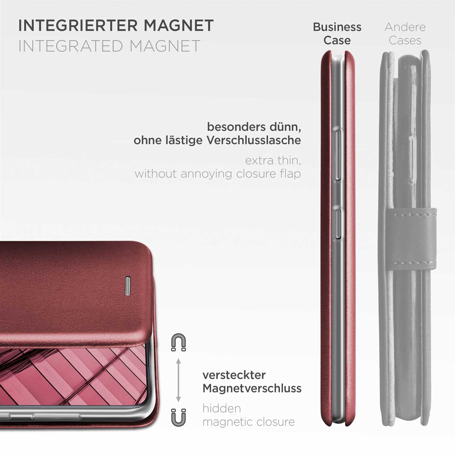 Eine Handyhülle mit Deckel links und eine offene Hülle rechts. Text: Integrierter Magnet.