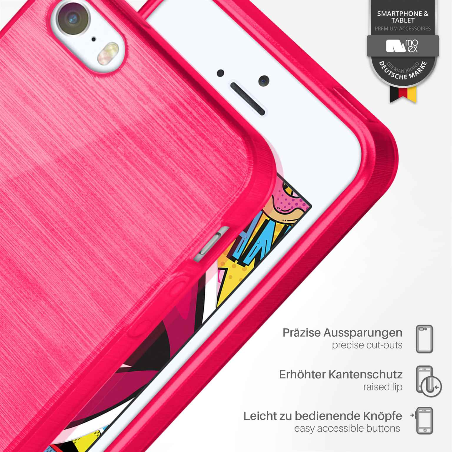 Rosa Handyhülle auf weißem Handy. Merkmale sind präzise Ausschnitte und erhöhte Kanten.