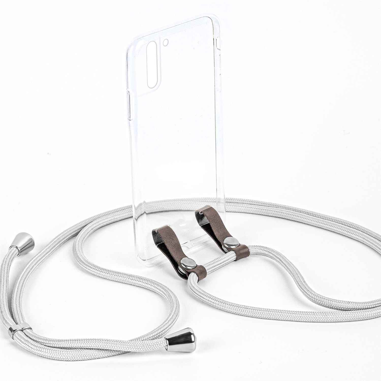 Transparente Handyhülle mit grauer Kordel. Die Kordel hat Metallenden und braune Lederbefestigungen.