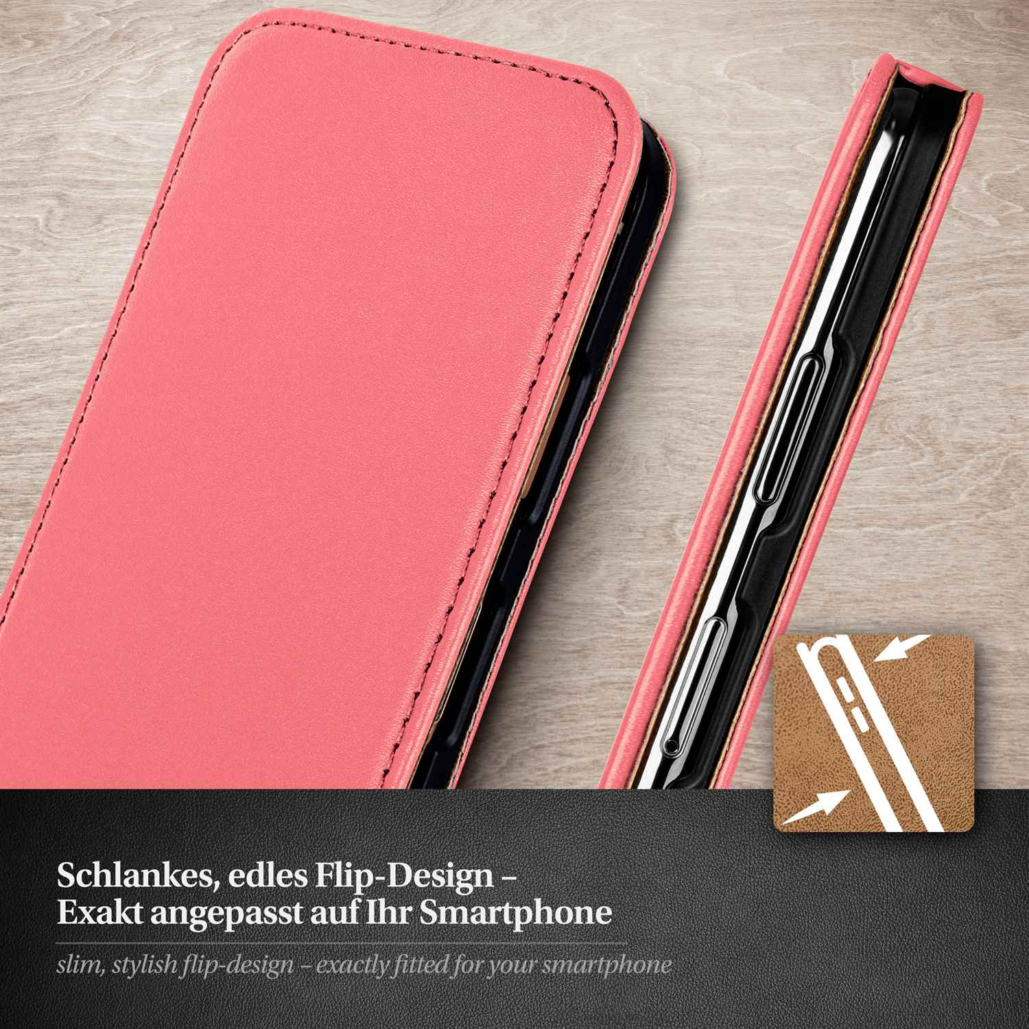Rosa Handyhülle im Buchstil geöffnet. Schwarzes Telefon innen. Text auf Deutsch.