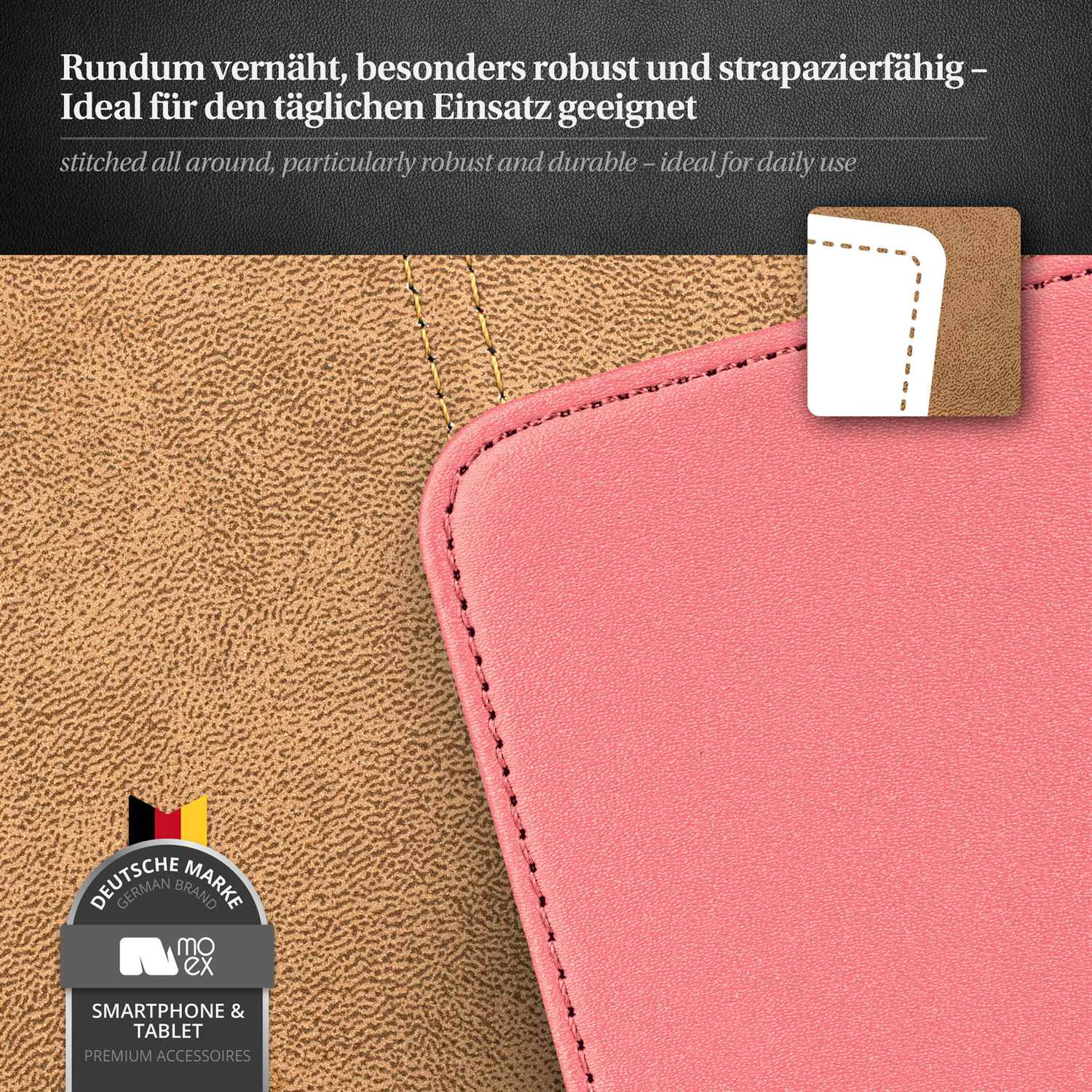 Nahaufnahme einer rosa Handyhülle mit braunen Akzenten, mit Nähten und einem Logo.