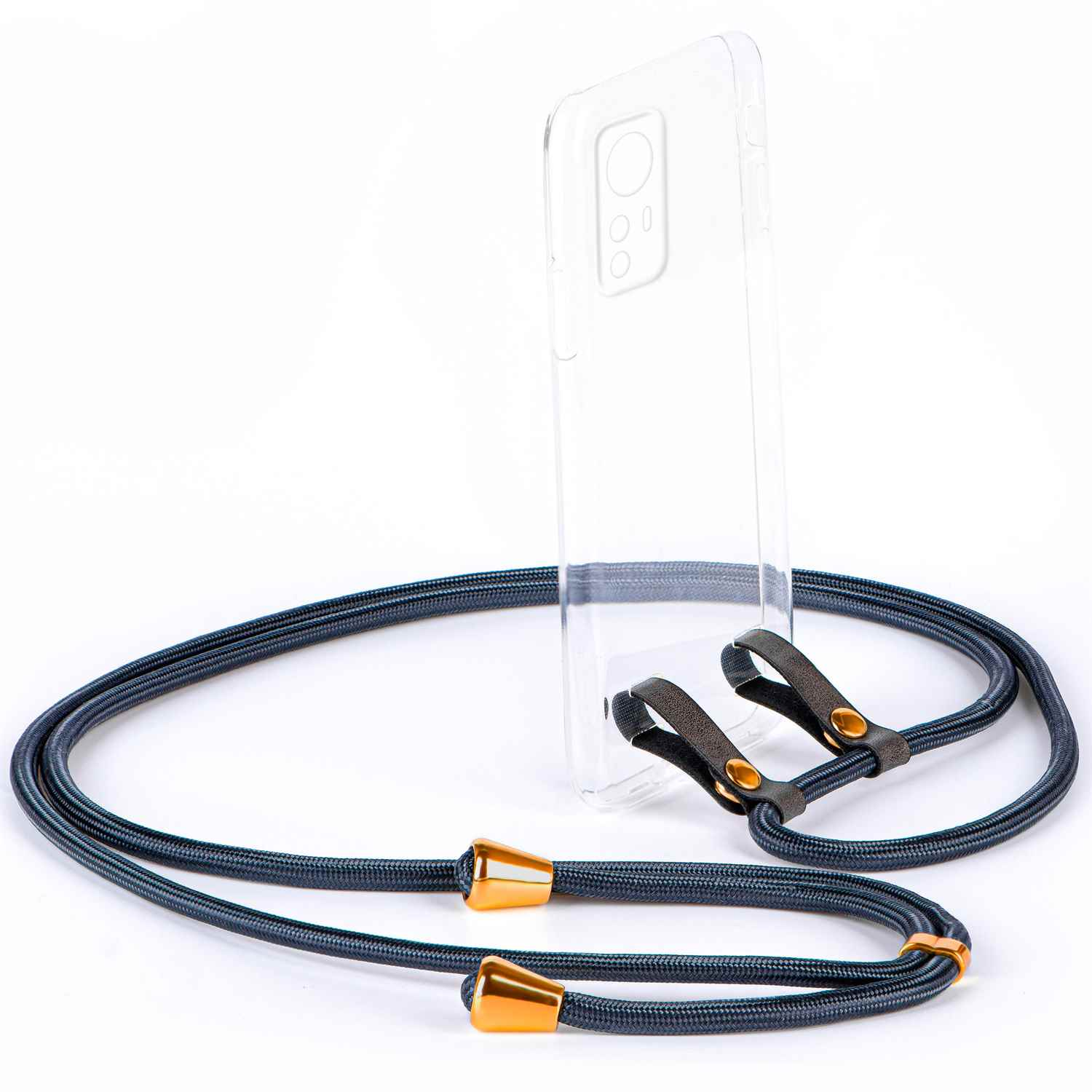 Transparente Handyhülle mit grauem und goldenem Schlüsselband, das Telefon ist leer.