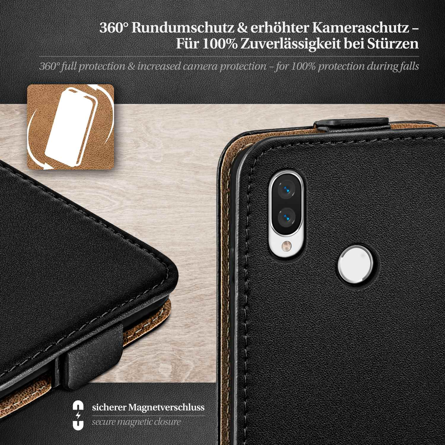 Schwarze Leder-Handyhülle mit Magnetverschluss, schützt ein Telefon mit Dual-Kameras.