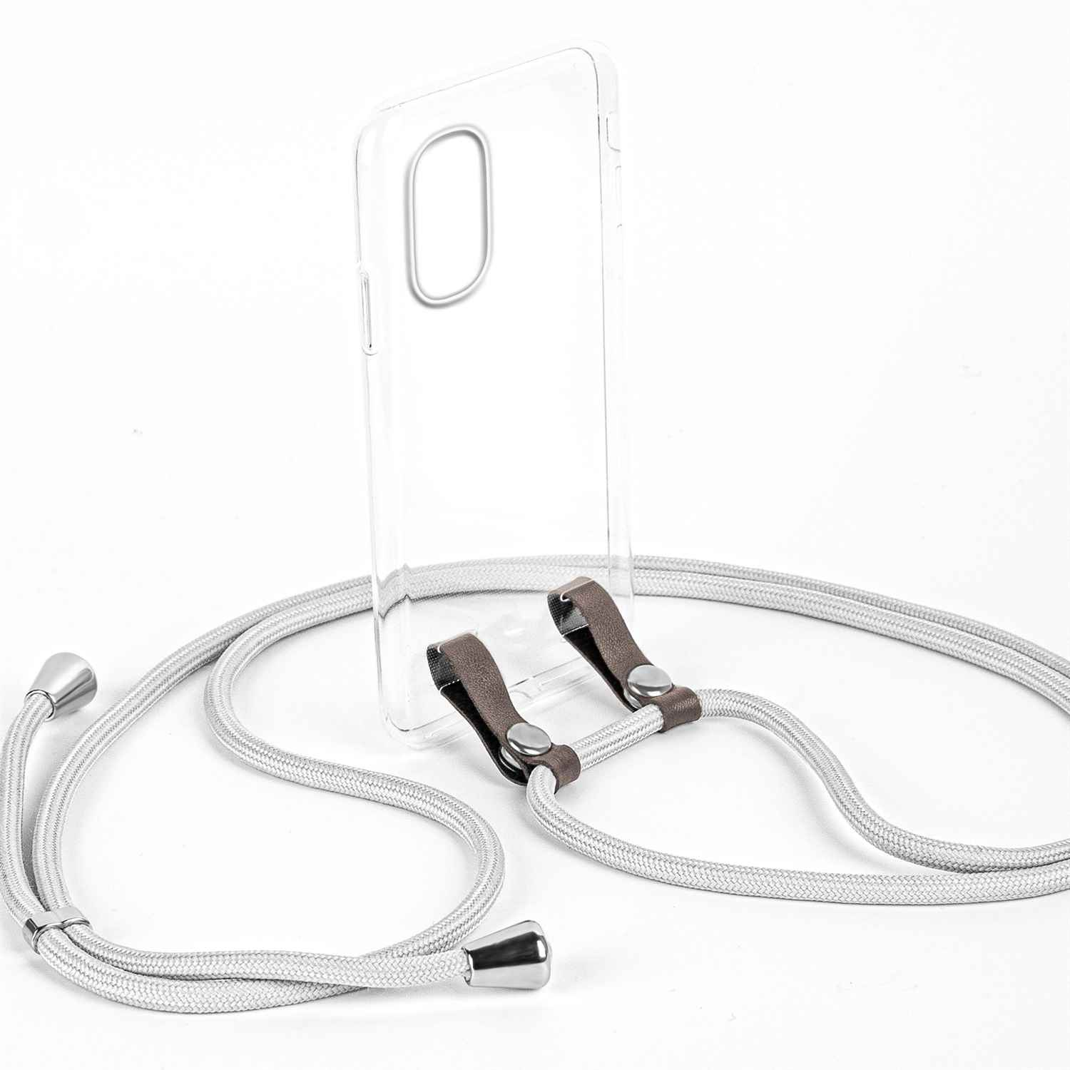Transparente Handyhülle mit Lanyard-Befestigungen und silbernem Lanyard auf weißem Hintergrund.