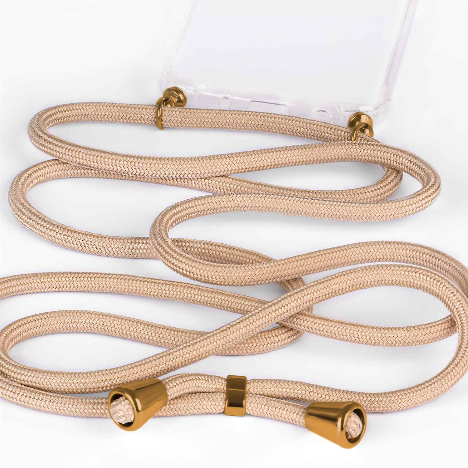 Goldenes Telefon-Lanyard mit goldenen Akzenten und transparenter Hülle. Geflochtene Kordel auf weißem Grund.