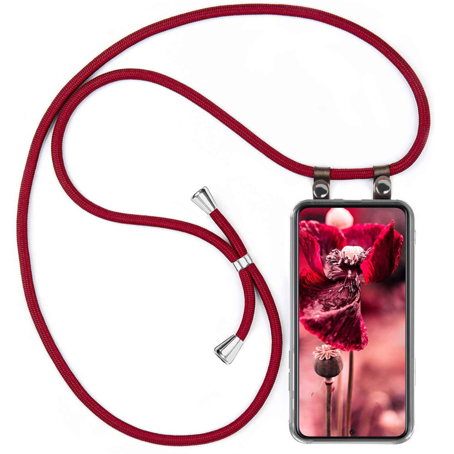 Telefon mit Blume, dunkelrotes Seil.