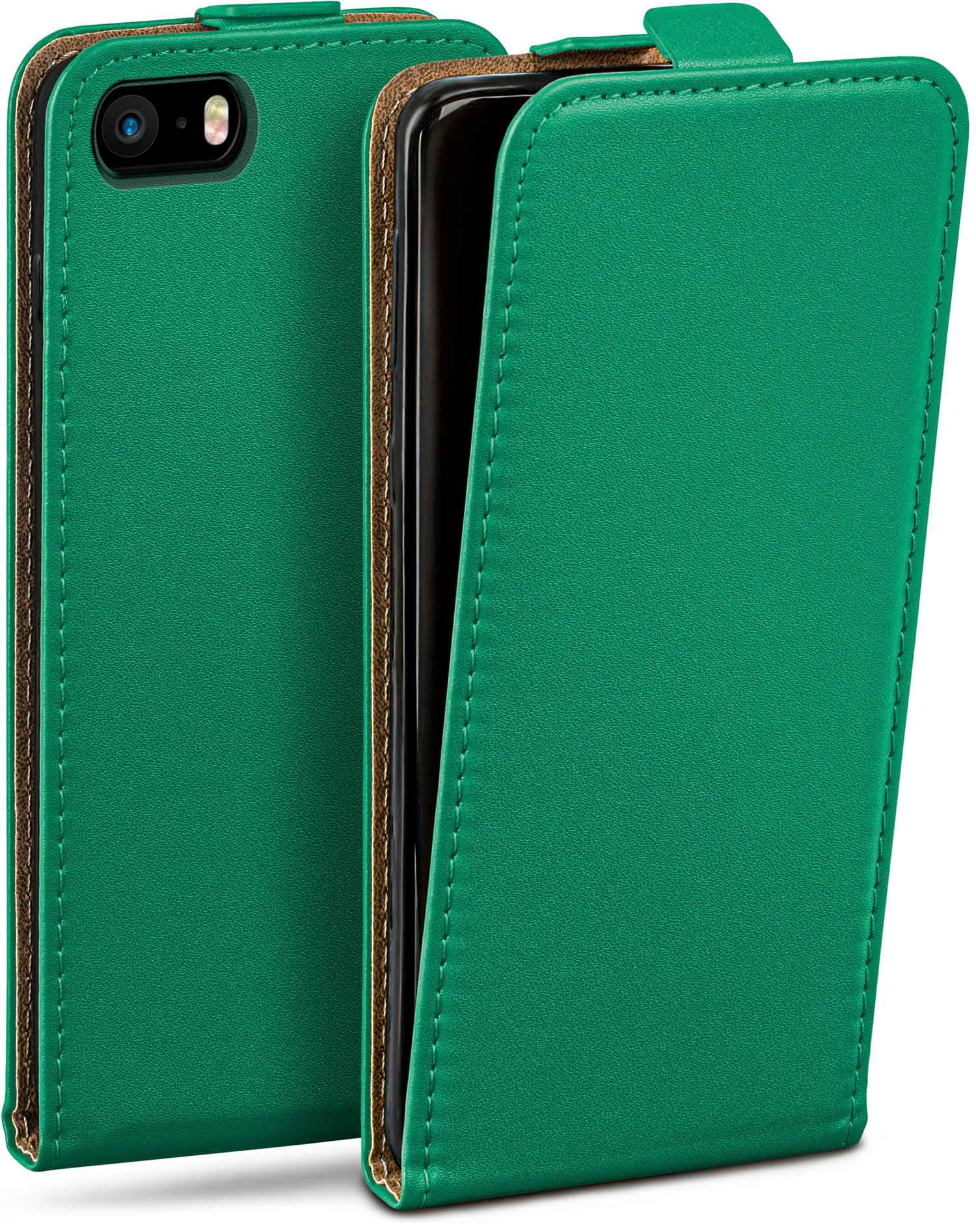 Grüne Handyhülle mit Klappdeckel, brauner Innenseite und einem sichtbaren Telefon.