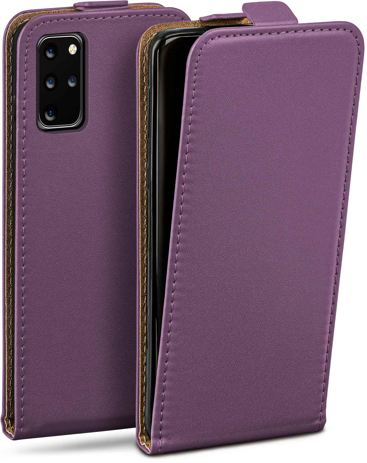 Lilafarbene Telefonhülle offen, zeigt schwarzes Telefon. Braune Nähte.