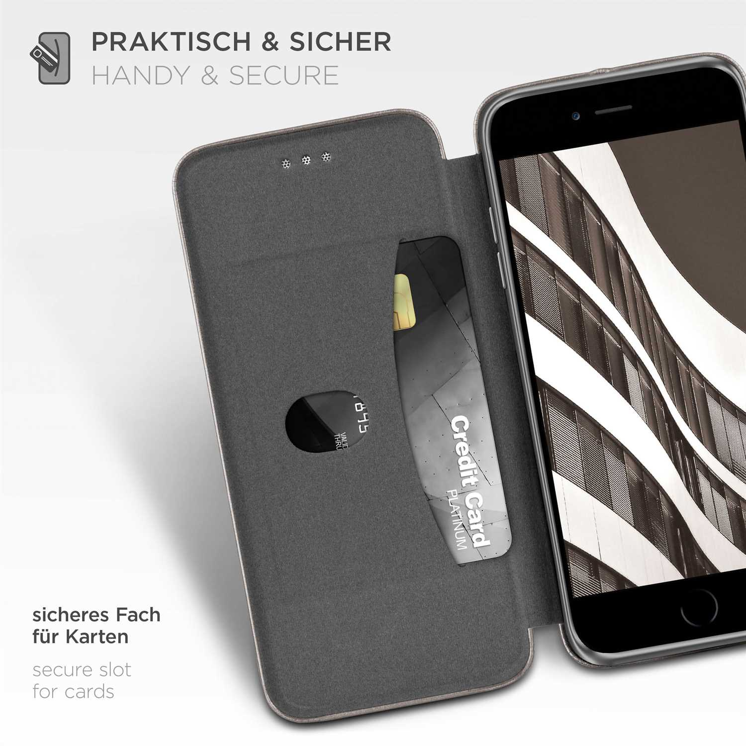 Telefonhülle offen, Karte innen. Text: Praktisch & Sicher. Grauer Deckel, schwarzer Telefonbildschirm. Weißer Hintergrund.