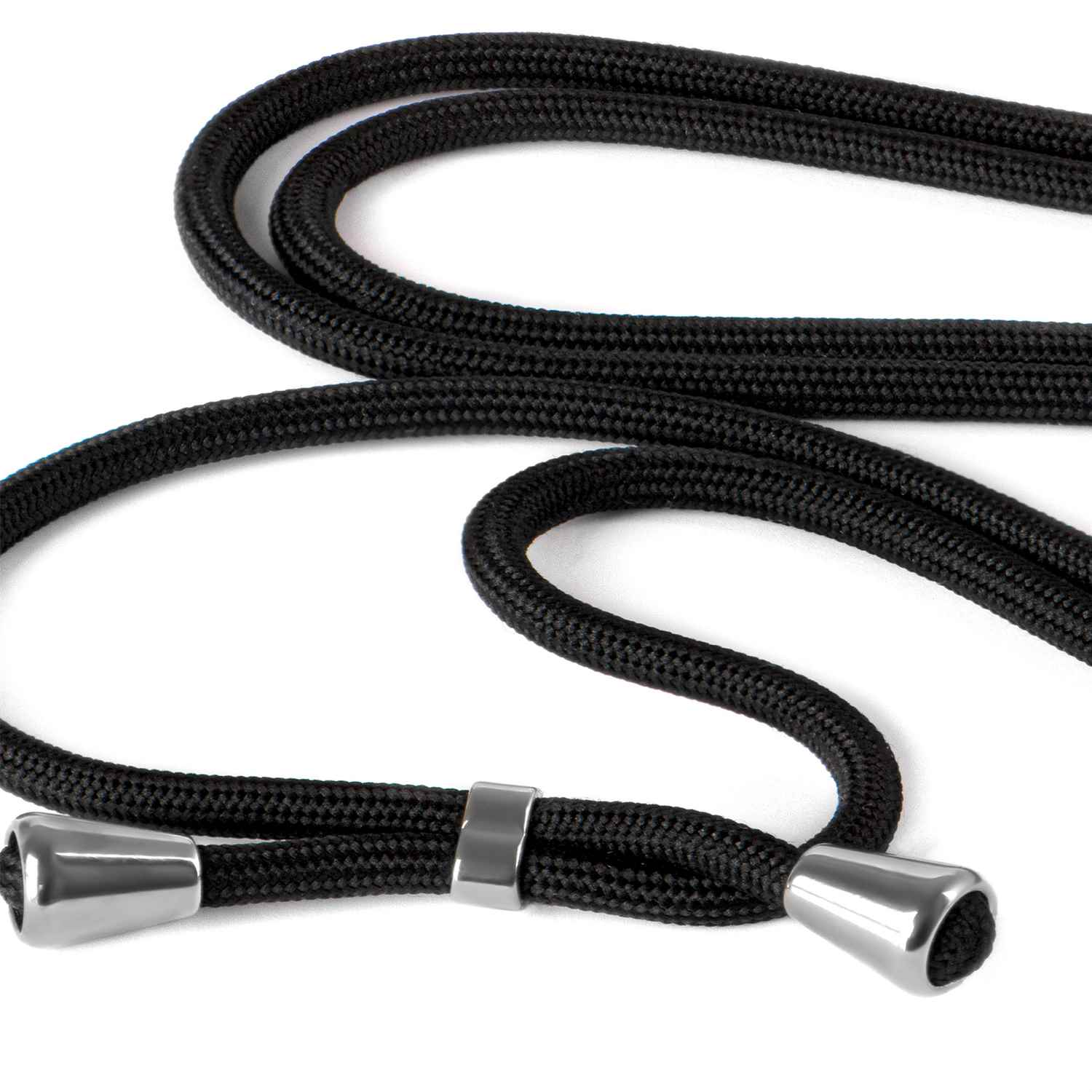 Schwarzes Telefon-Lanyard mit Metallendkappen. Die Schnur ist geflochten.