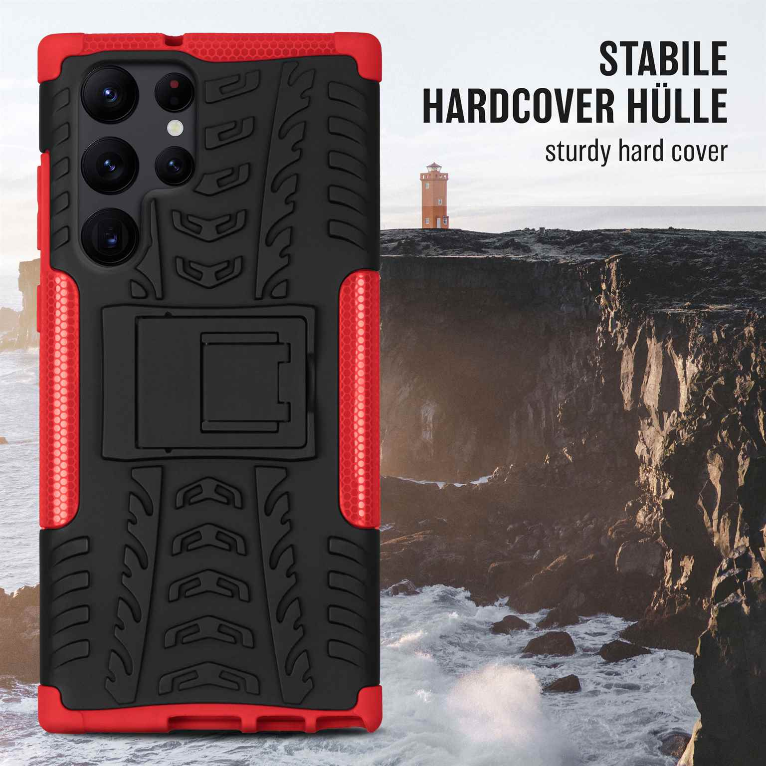 Schwarze und rote Handyhülle mit Ständer, zeigt Küstenlandschaft mit Leuchtturm.