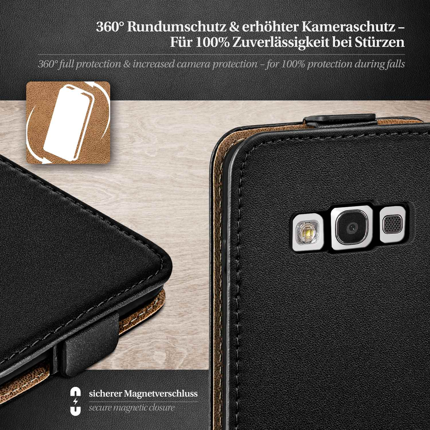 Schwarze Handyhülle mit Kameradetails. Text und Grafik auf braunem Hintergrund.