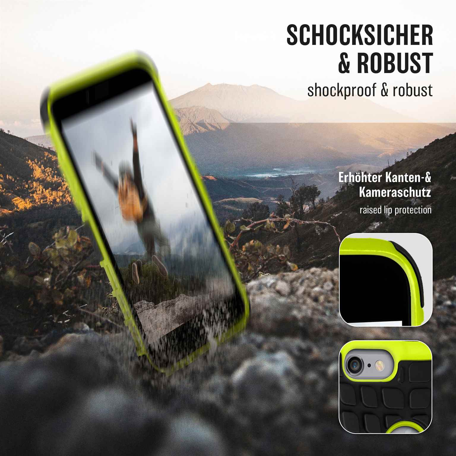 Eine Handyhülle mit einem Bild einer Person, die in die Luft springt. Text: stoßfest & robust.