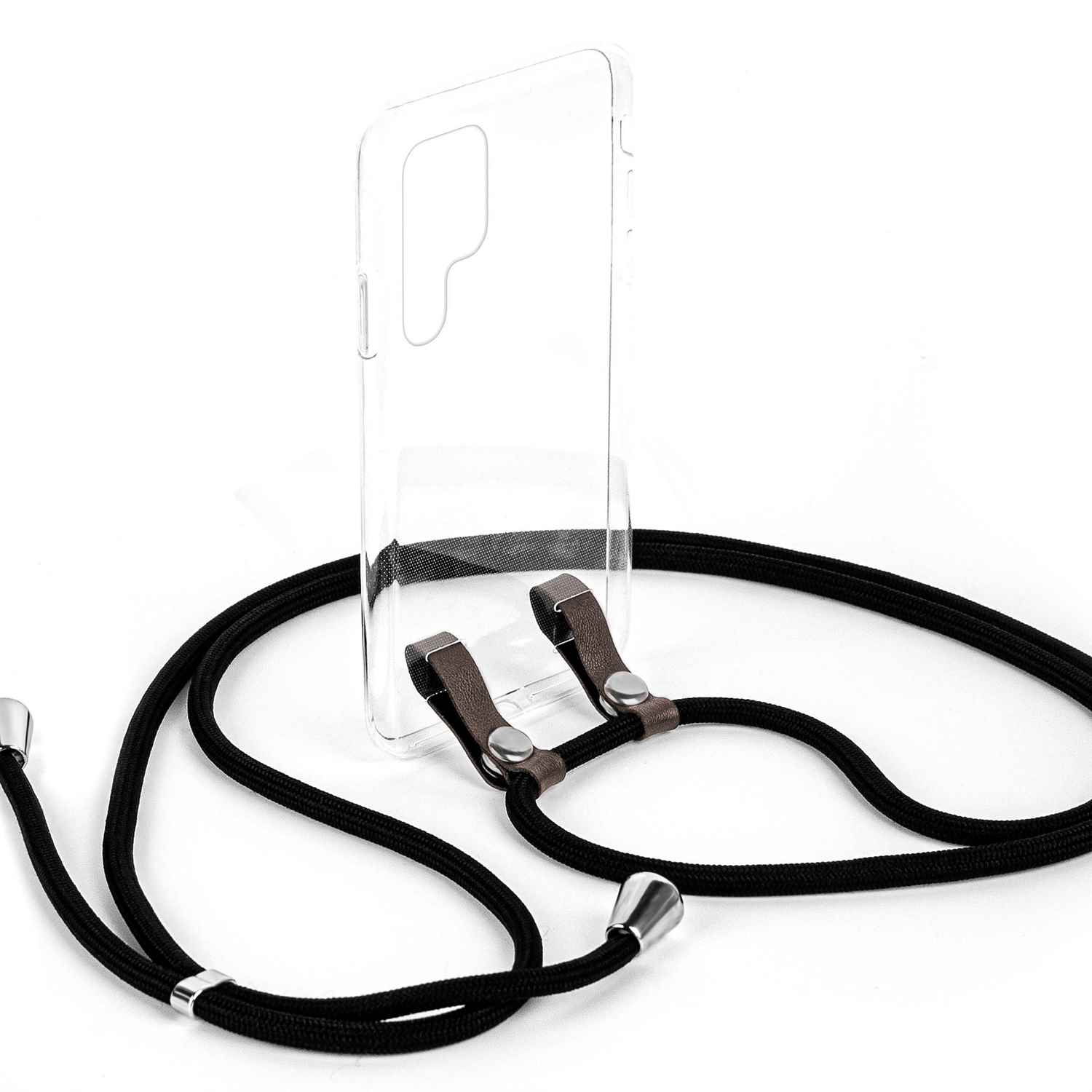 Ein Handy-Lanyard mit schwarzem Seil und einer durchsichtigen Handyhülle. Das Lanyard ist an der Hülle befestigt.