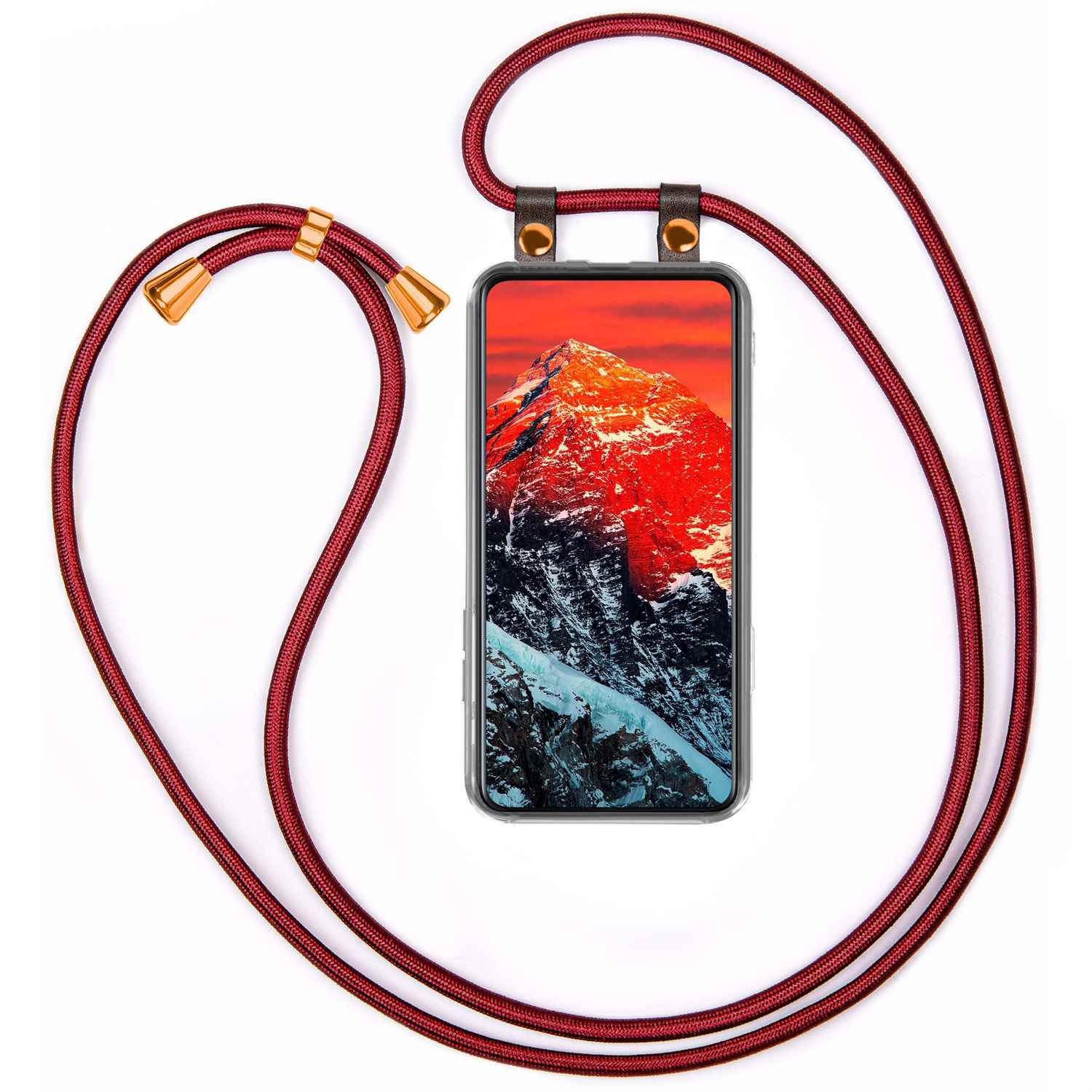 Telefon mit Berg, dunkelrotes Seil.
