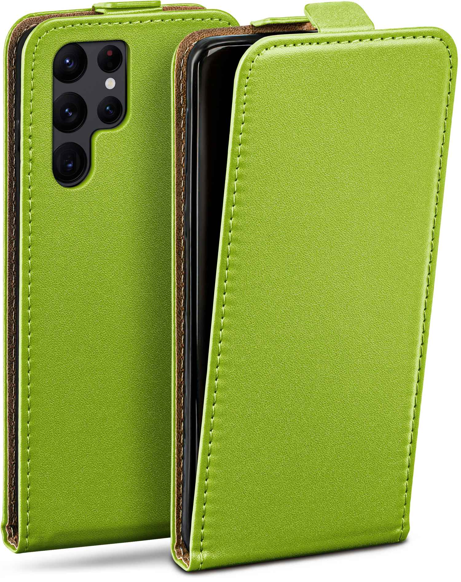 Grüne Handyhülle, offen, zeigt das Telefon im Inneren.