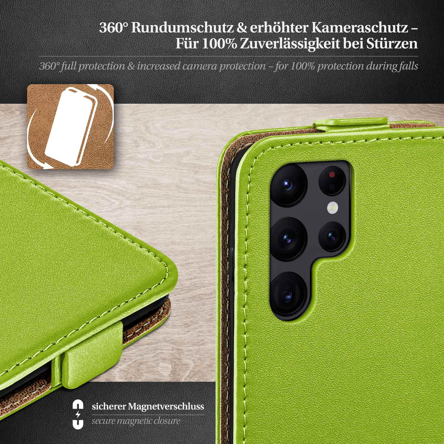 Grüne Handyhülle mit Telefon. Text: 360° Schutz, sicherer Magnetverschluss.