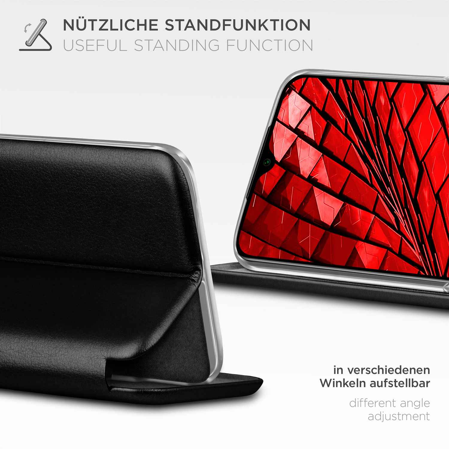 Eine Handyhülle mit einem Telefon, das ein rotes geometrisches Muster anzeigt, offen, um den Bildschirm zu zeigen.