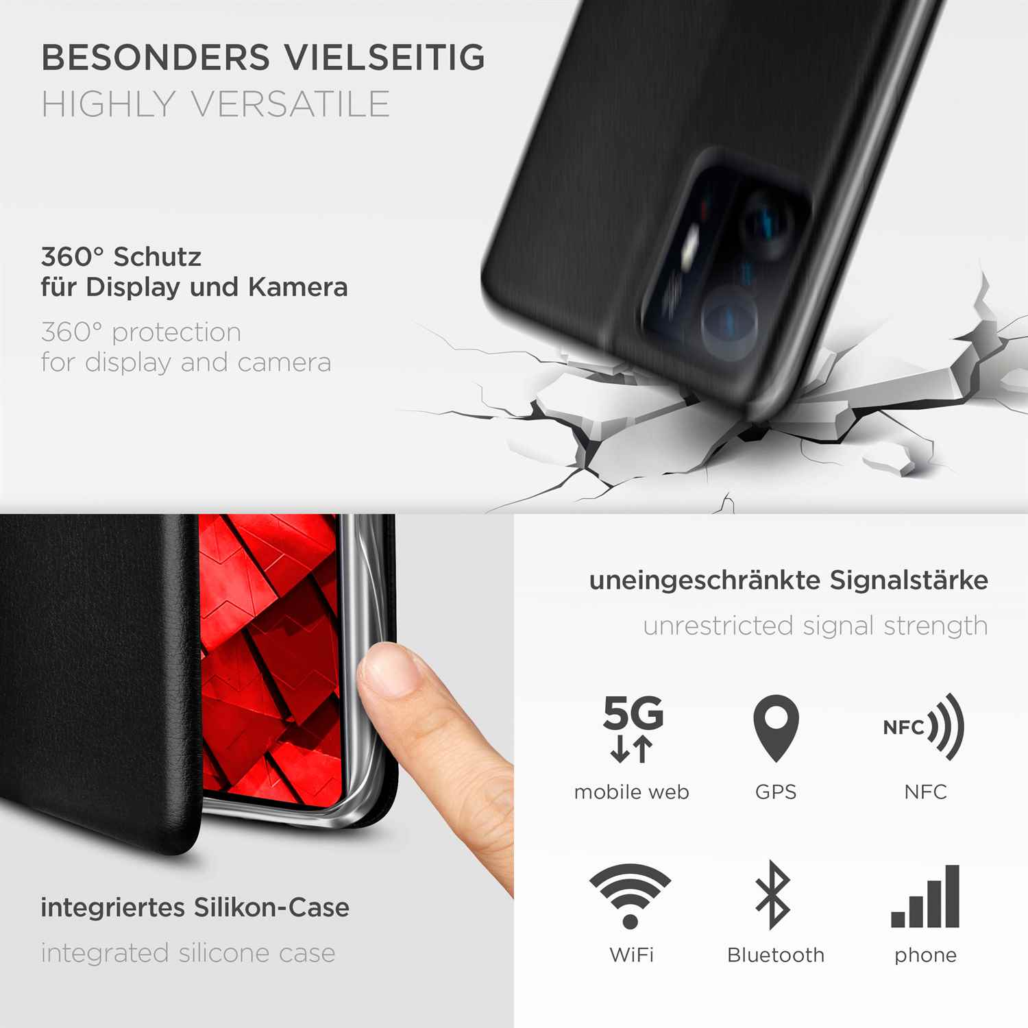 Eine schwarze Handyhülle auf weißem Untergrund, mit Symbolen für 5G, GPS, NFC, WLAN, Bluetooth und Telefon.