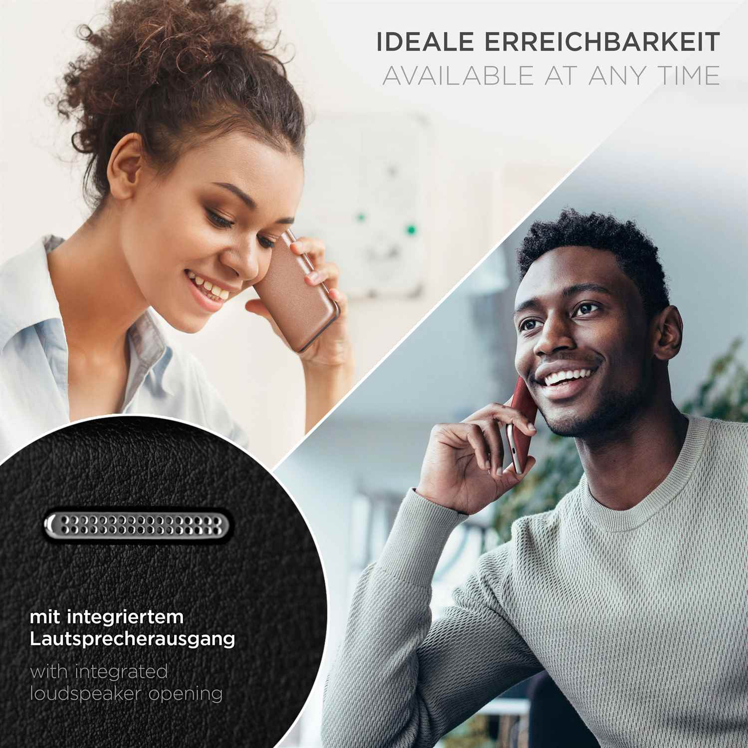 Zwei lächelnde Personen, eine hält ein Telefon, die andere telefoniert, plus eine Nahaufnahme einer Handyhülle.
