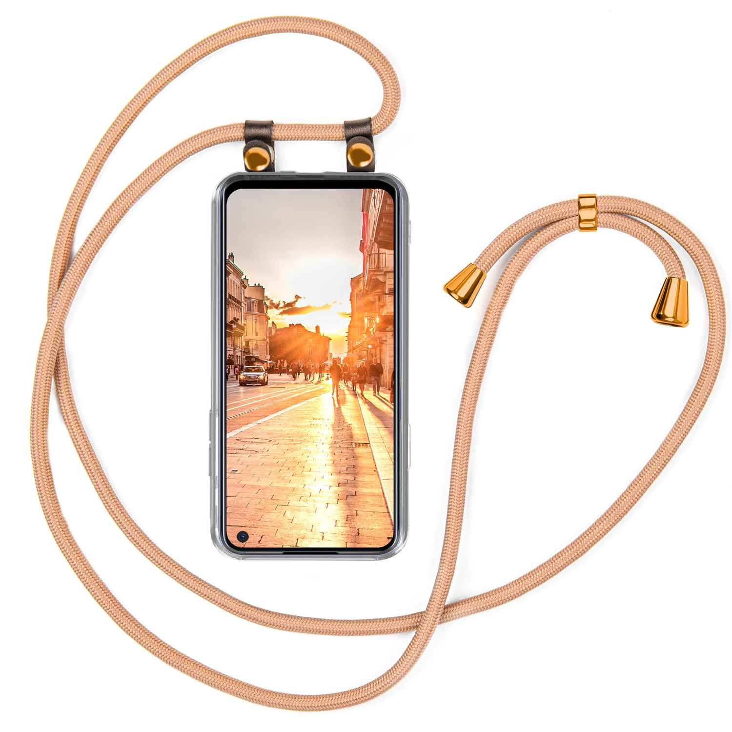 Telefon mit braunem Umhängeband, das eine Straßenszene mit Menschen und Gebäuden zeigt.