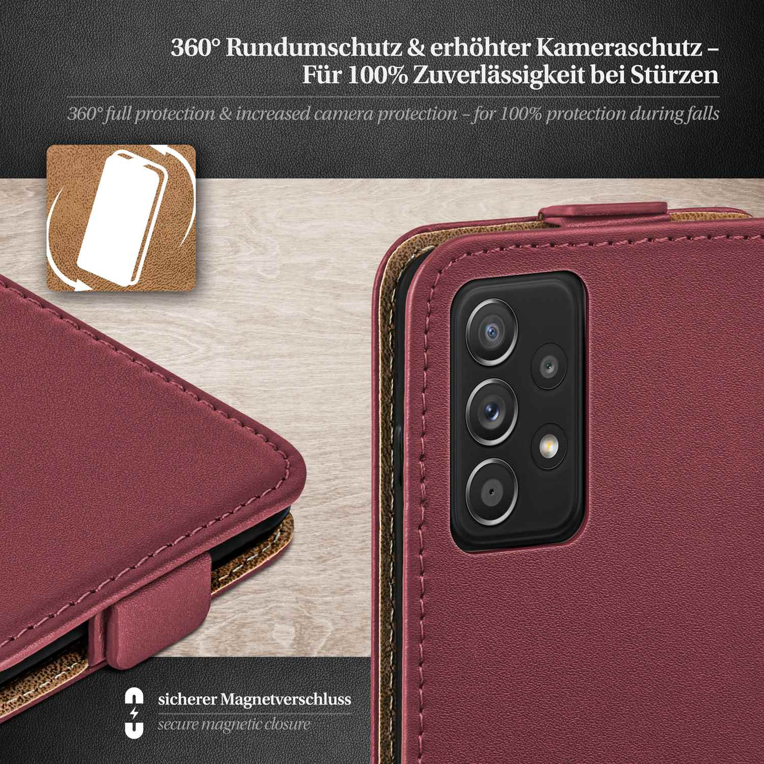Burgunderfarbene Leder-Handyhülle mit Magnetverschluss. Schützt das Telefon mit Dual-Kameras.