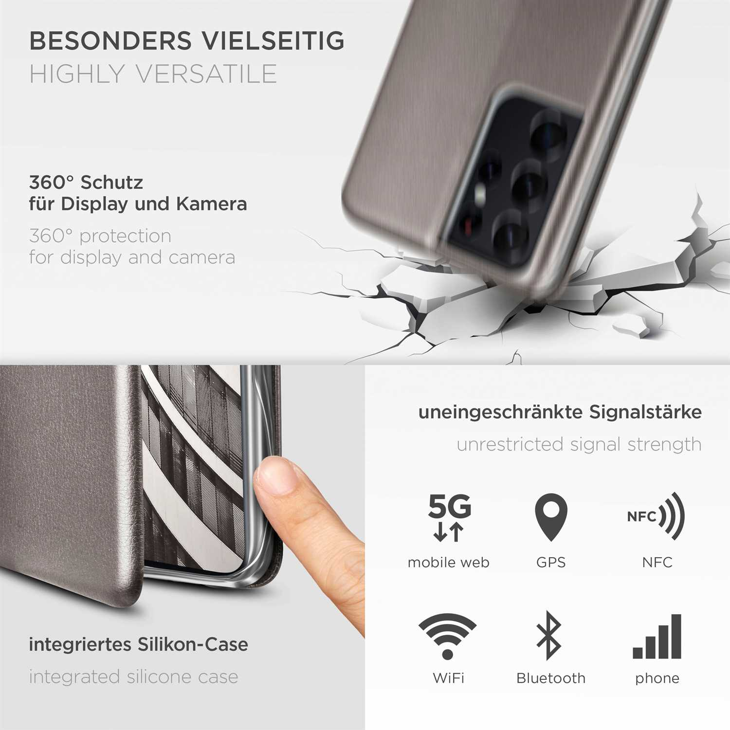 Handyhülle mit Telefon darin, und beschädigte Oberfläche daneben, mit verschiedenen Symbolen.