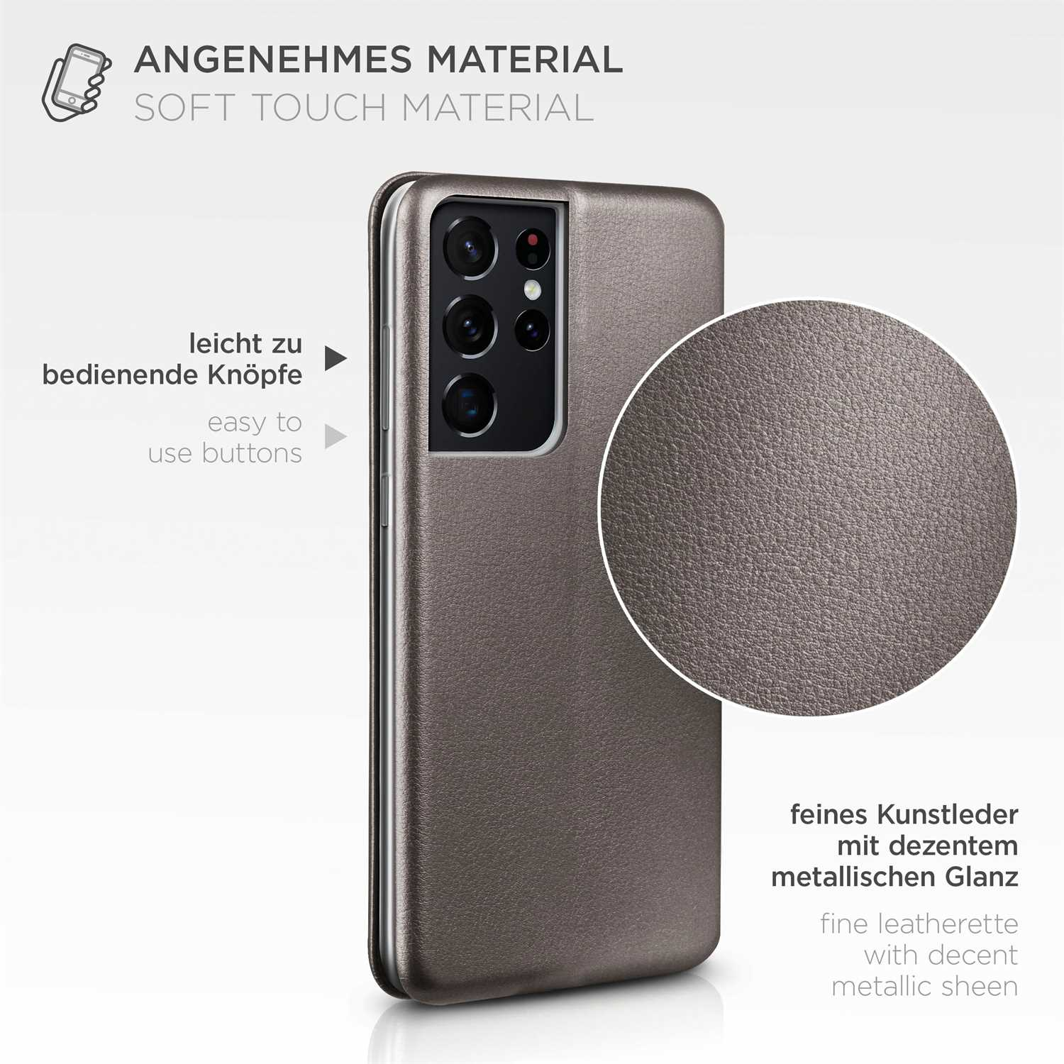 Silberne Handyhülle mit Soft-Touch-Material und deutschem Text über die Knöpfe.